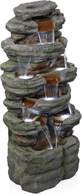 Alpine Corporation TZL352 Outdoor Floor Stone Tower Fountain with LED Lights, Multi-Level Garden Water Fountain, 47'H, Gray
