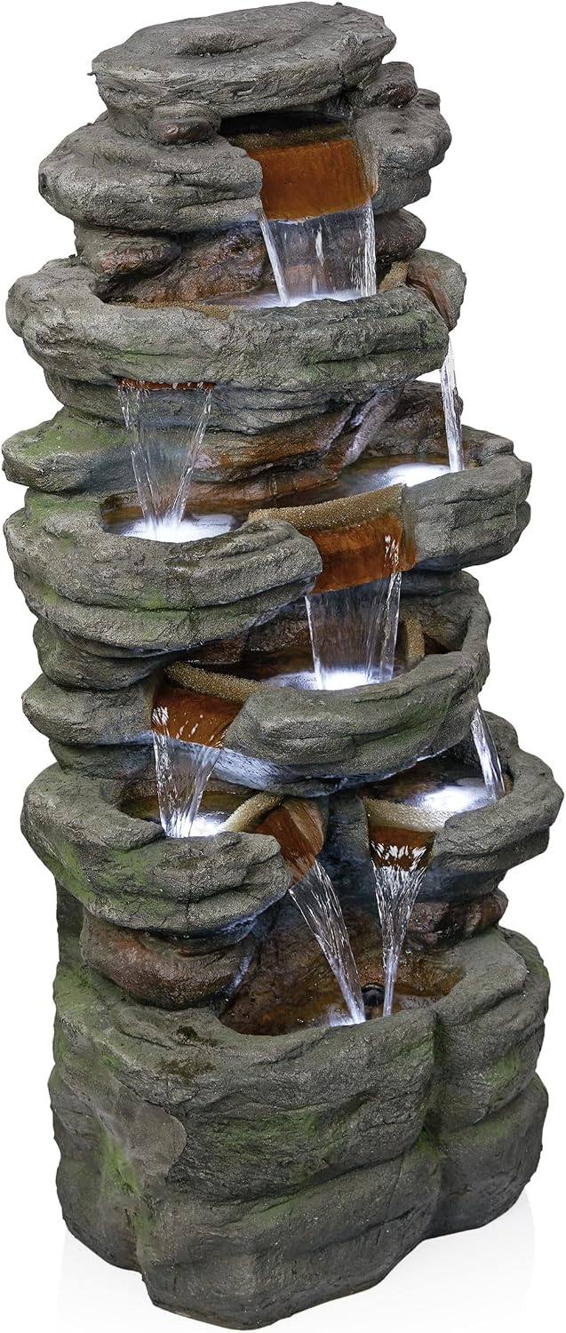 Alpine Corporation TZL352 Outdoor Floor Stone Tower Fountain with LED Lights, Multi-Level Garden Water Fountain, 47'H, Gray