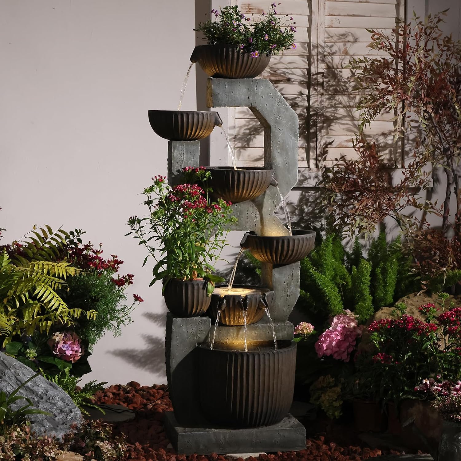 Bumilgar 57' Tall Large Outdoor Water Fountain with LED Lights, 6-Tier Cascading Bowl Waterfall Fountain, Modern Geometric Resin Garden Water Feature for Patio Yard Deck Porch Backyard Decor