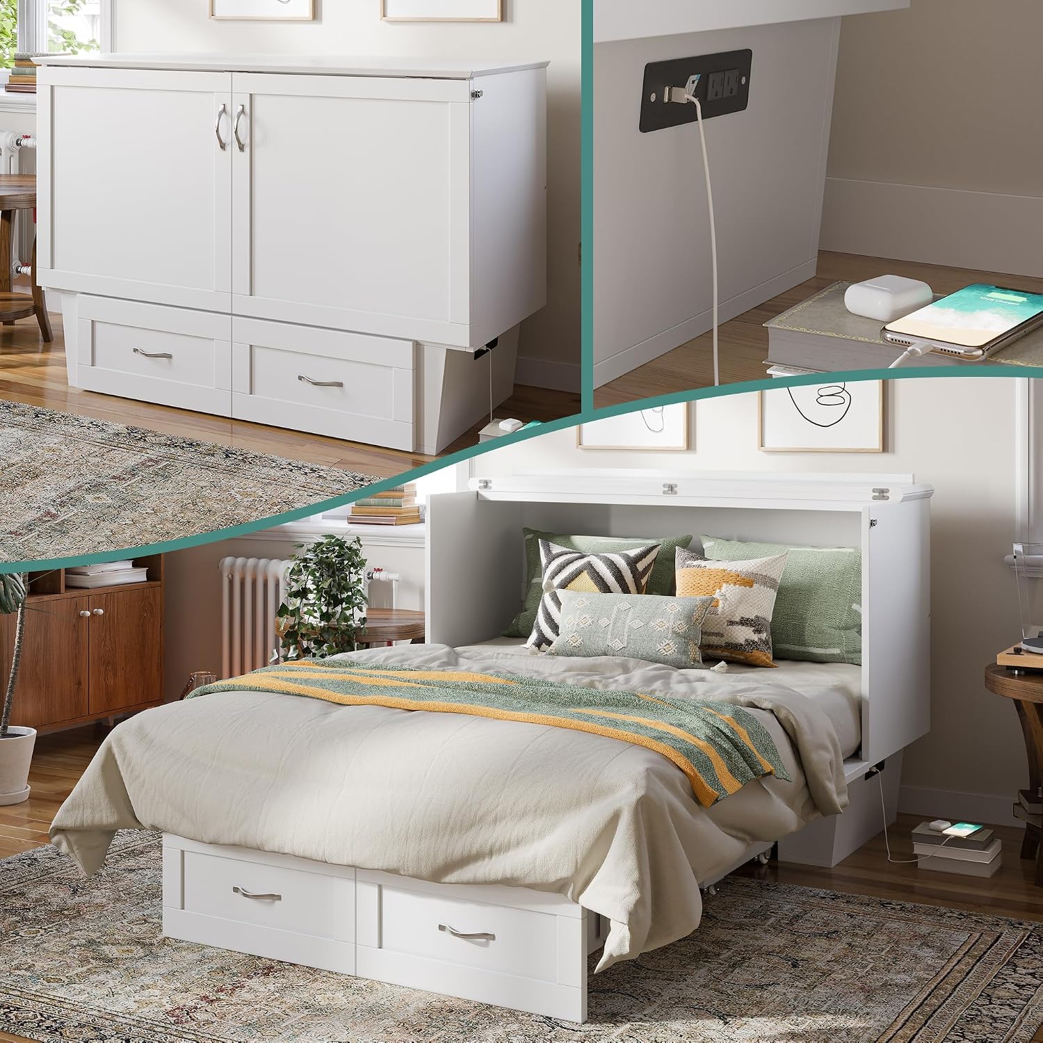 AFI, Monroe Full Murphy Bed Chest with 6' Mattress, Storage Drawer & Built-in USB Charger, White