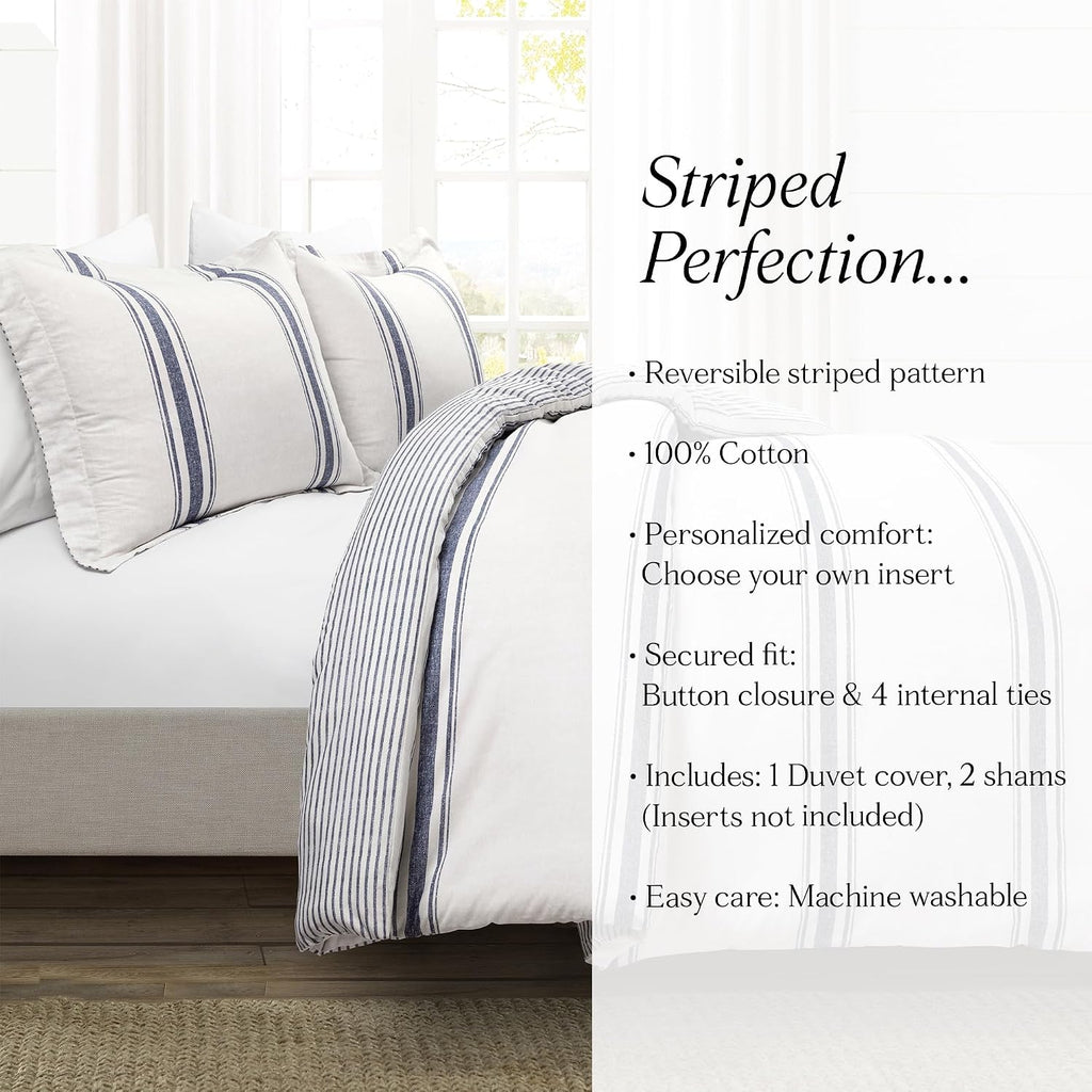 Lush Decor Farmhouse Stripe Reversible Cotton Duvet Cover King Size 3 Piece Set Navy - Farmhouse Bedding Set King - Striped Duvet Cover