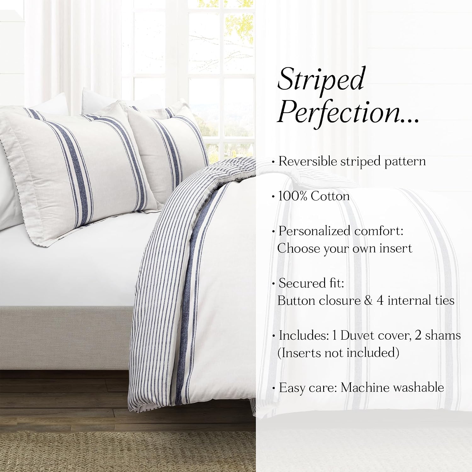 Lush Decor Farmhouse Stripe Reversible Cotton Duvet Cover King Size 3 Piece Set Navy - Farmhouse Bedding Set King - Striped Duvet Cover