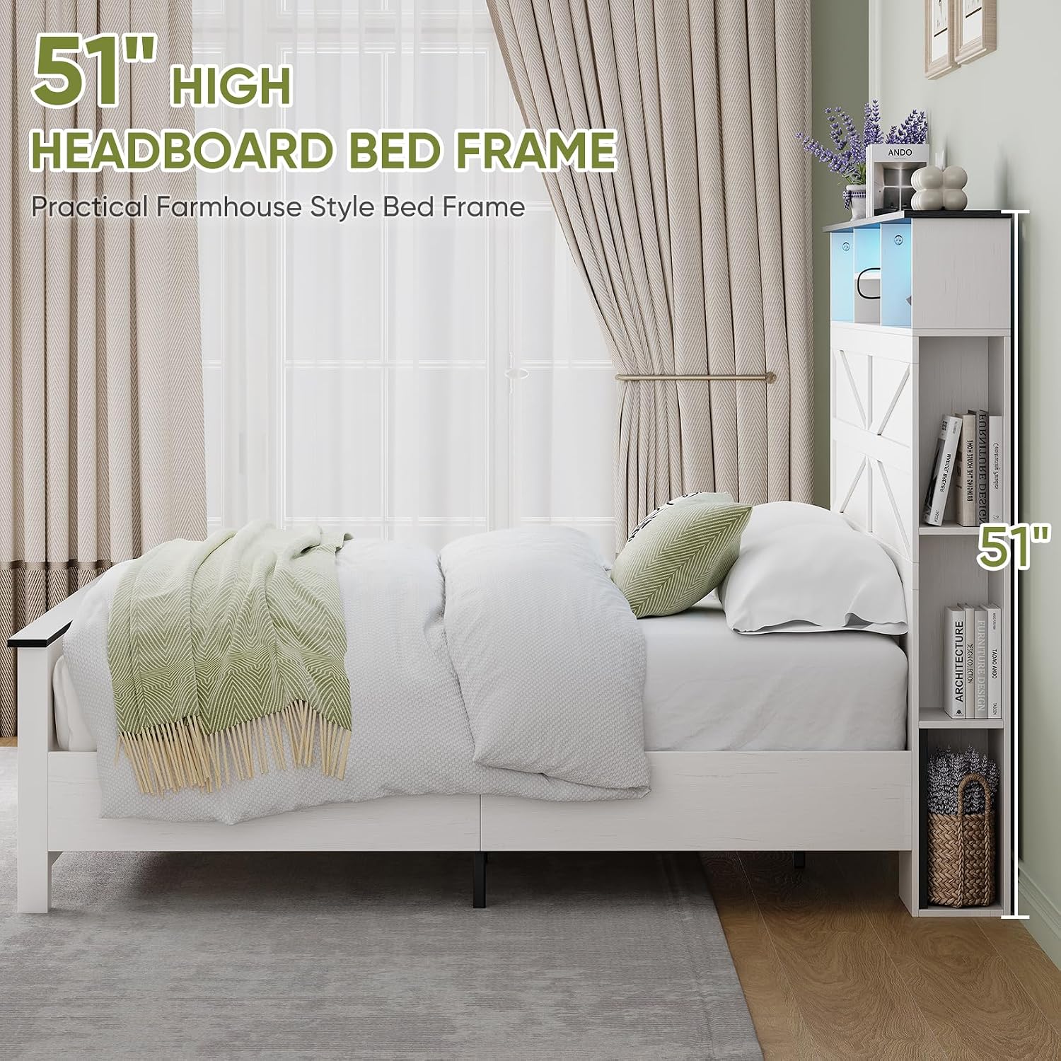 Farmhouse Full Size Bed Frame with 51' Tall Storage Headboard, 3-Tier Bookcase on Both Sides, Wooden Full Bed Frame with Charging Station and LED Lights, Noise Free, No Box Spring Needed, White