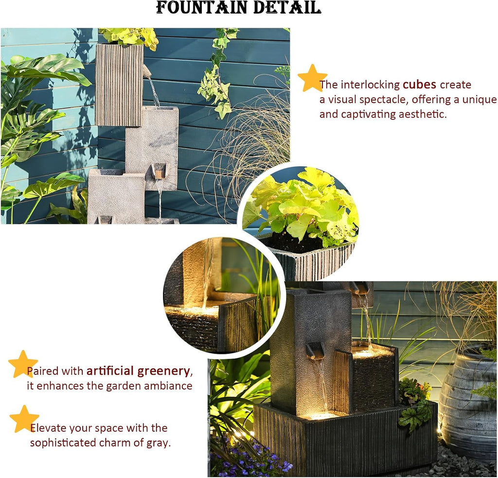 Tankana Tiered Water Fountain Outdoor Garden - Waterfall Patio Freestanding Cascade Fountains Concrete Artistry Modern Style with LED Lights for Yard Pool Home Decor, 41.5 inches Tall