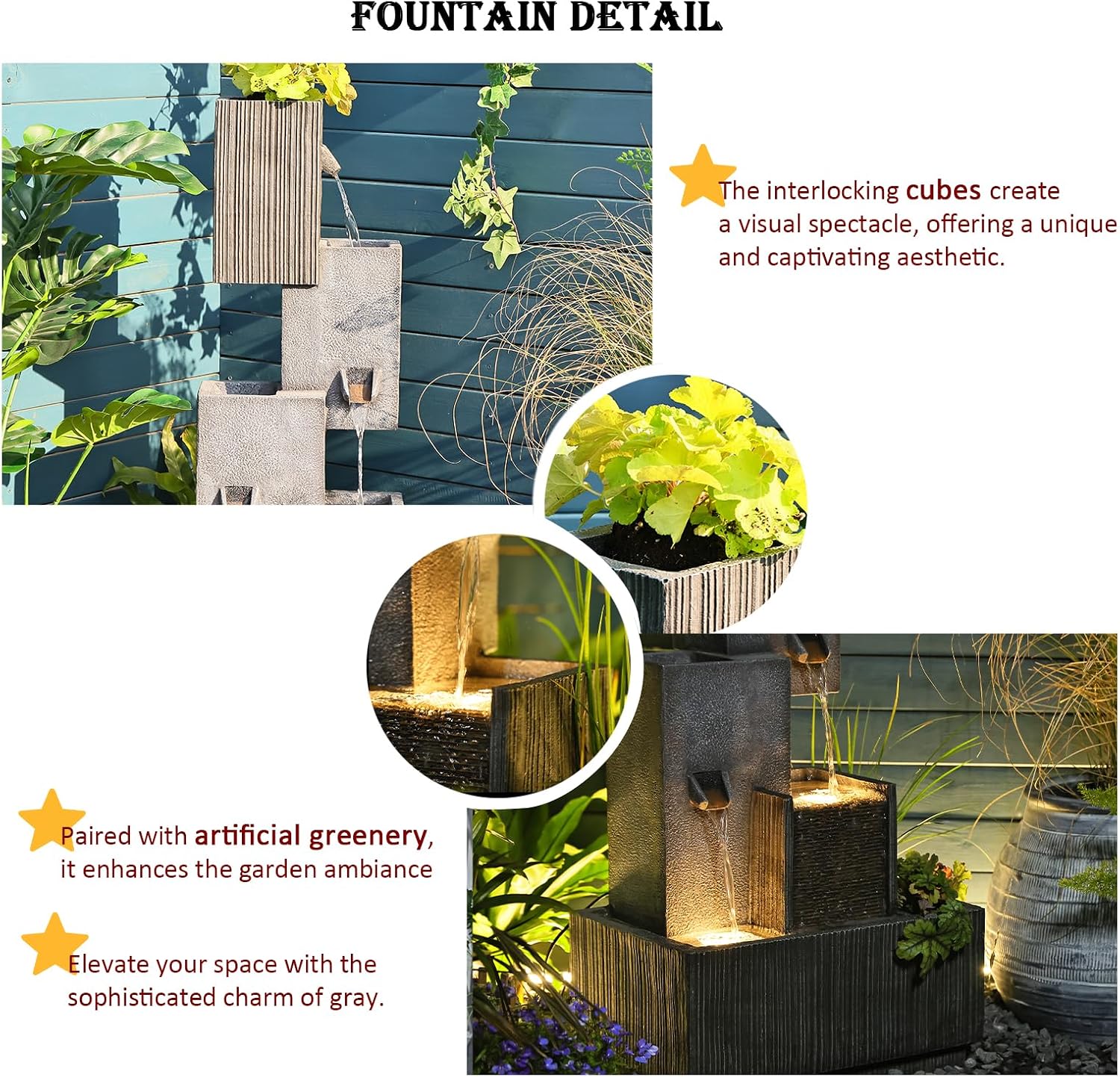 Tankana Tiered Water Fountain Outdoor Garden - Waterfall Patio Freestanding Cascade Fountains Concrete Artistry Modern Style with LED Lights for Yard Pool Home Decor, 41.5 inches Tall