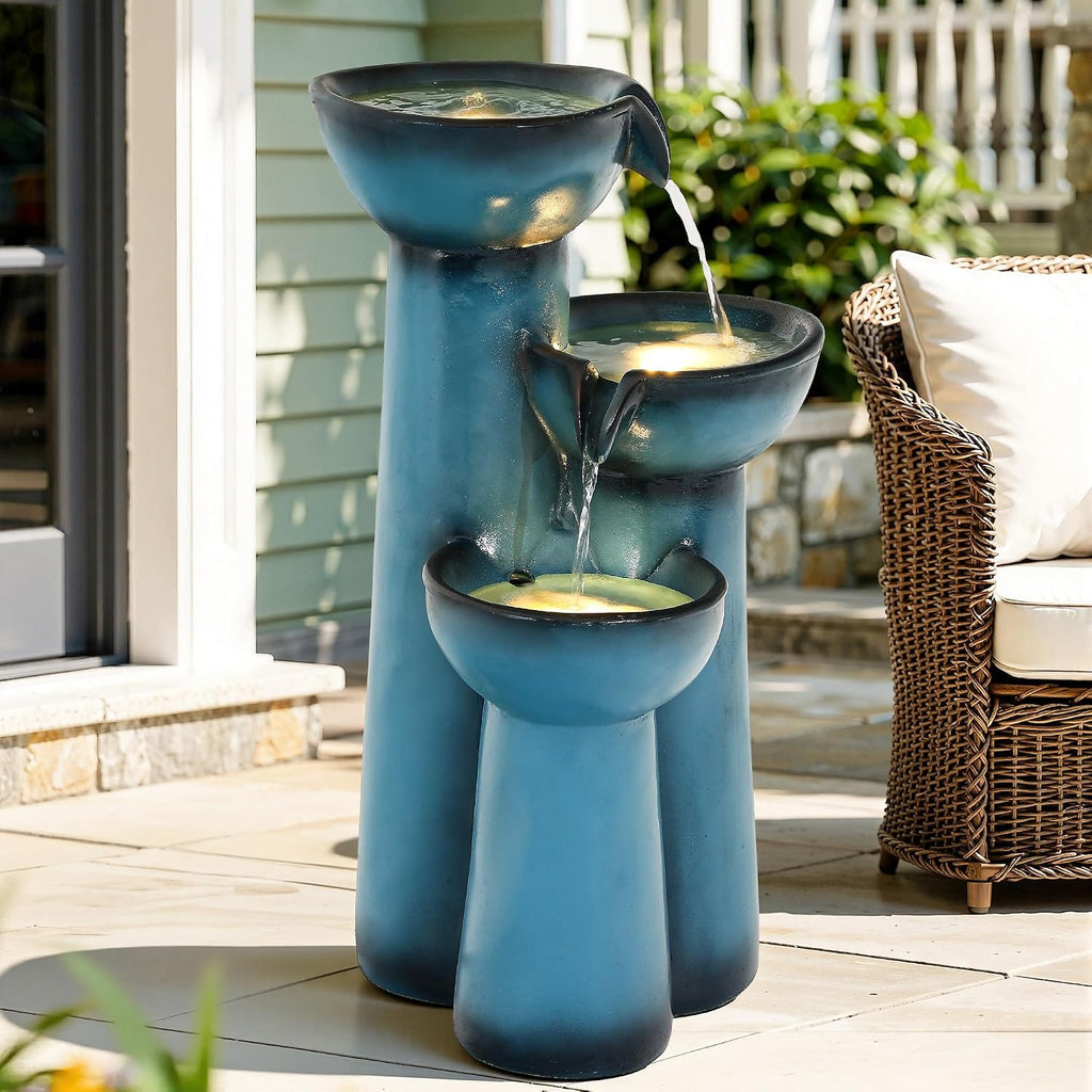 27' Outdoor Water Fountain with LED Lights, 3-Tier Cascading Faux Ceramic Column Water Feature with Pump for Garden Patio Backyard, Weather-Resistant Resin Waterfall for Serene Oasis, Blue