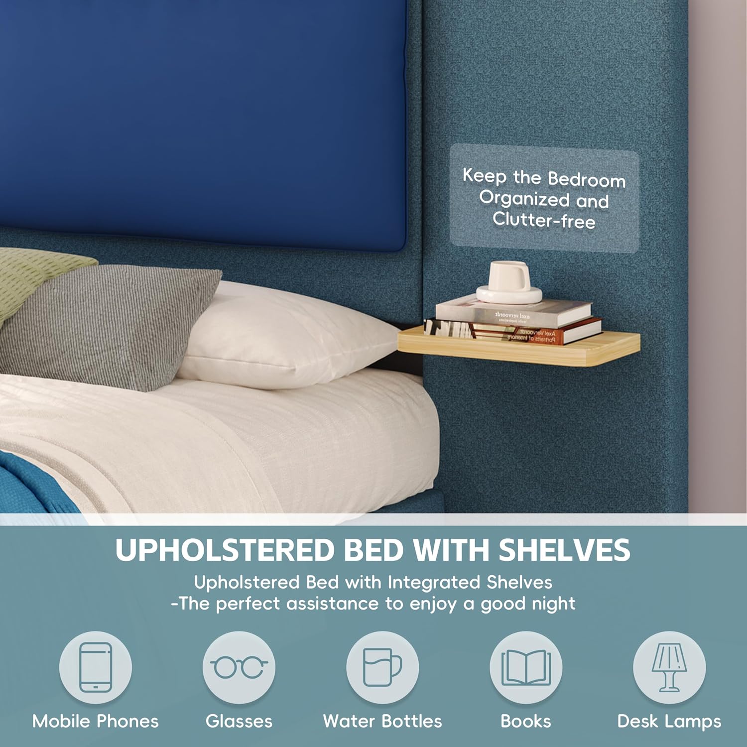 Merax Queen Size Bed Frame, Linen Upholstered Platform Bed with Large PU Leather Headboard and Shelf, Modern Bedroom Furniture & Solid Wood Slats Support, No Box Spring Needed, Easy Assembly, Blue