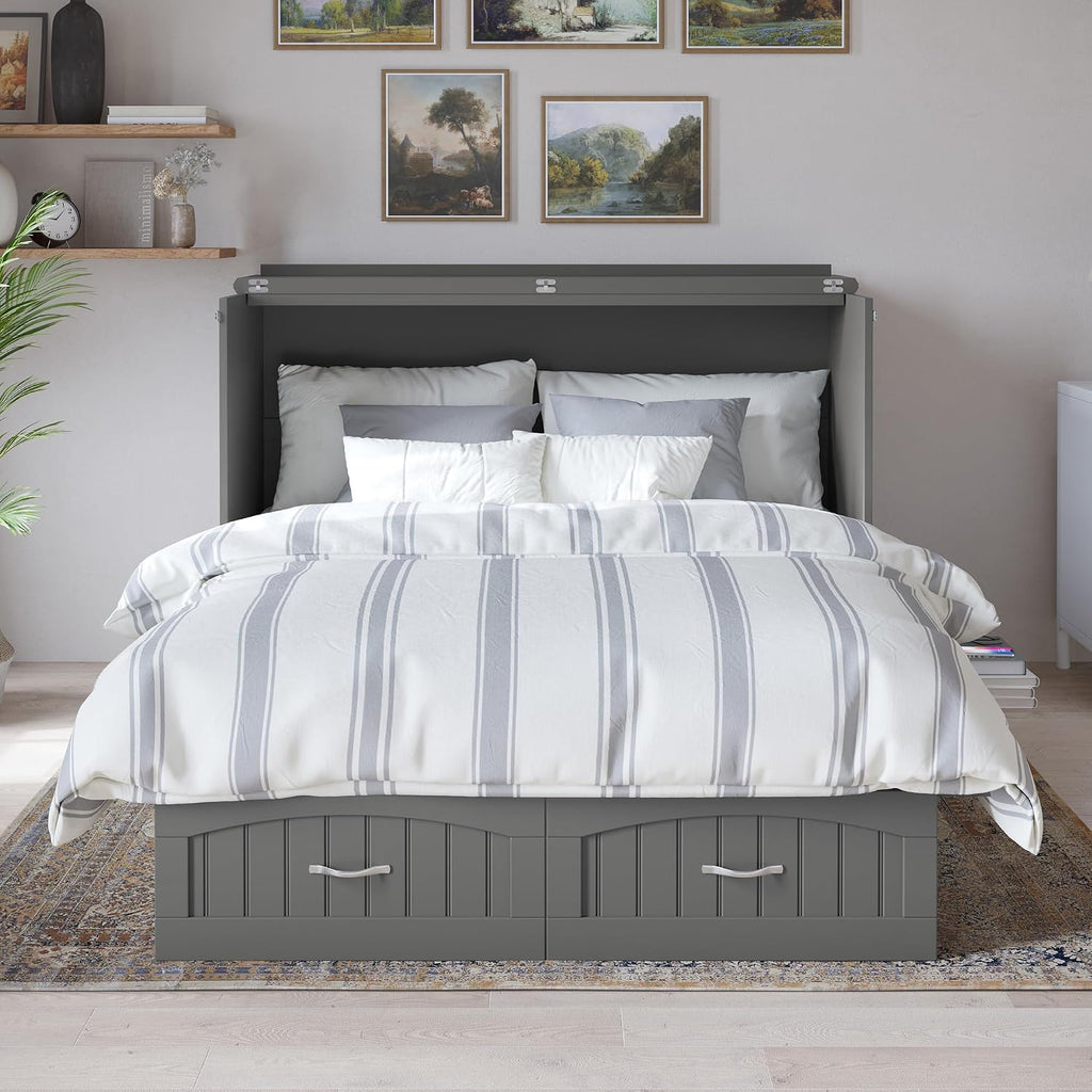 AFI, Nantucket Queen Murphy Bed Chest with Mattress, Storage Drawer and Built-In USB Charger, Grey