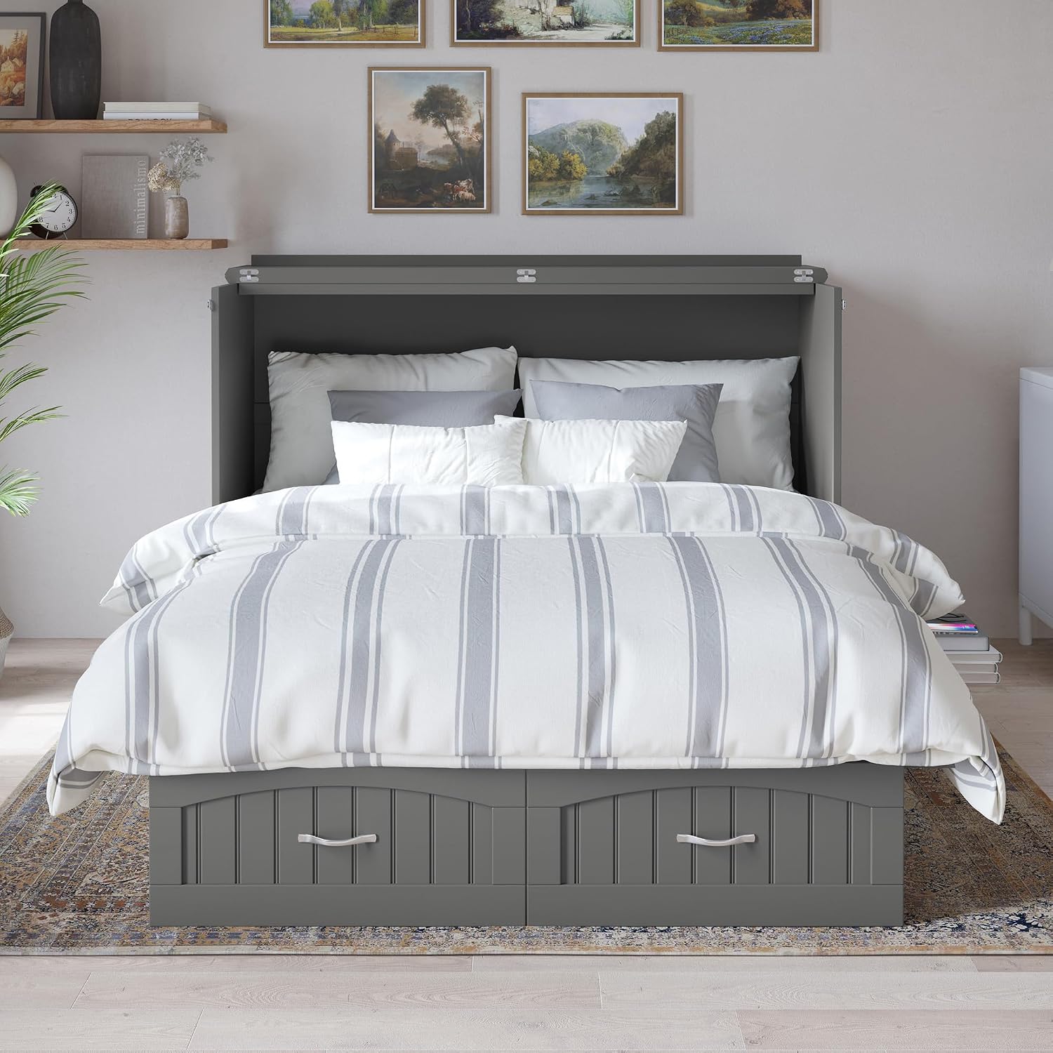 AFI, Nantucket Queen Murphy Bed Chest with Mattress, Storage Drawer and Built-In USB Charger, Grey