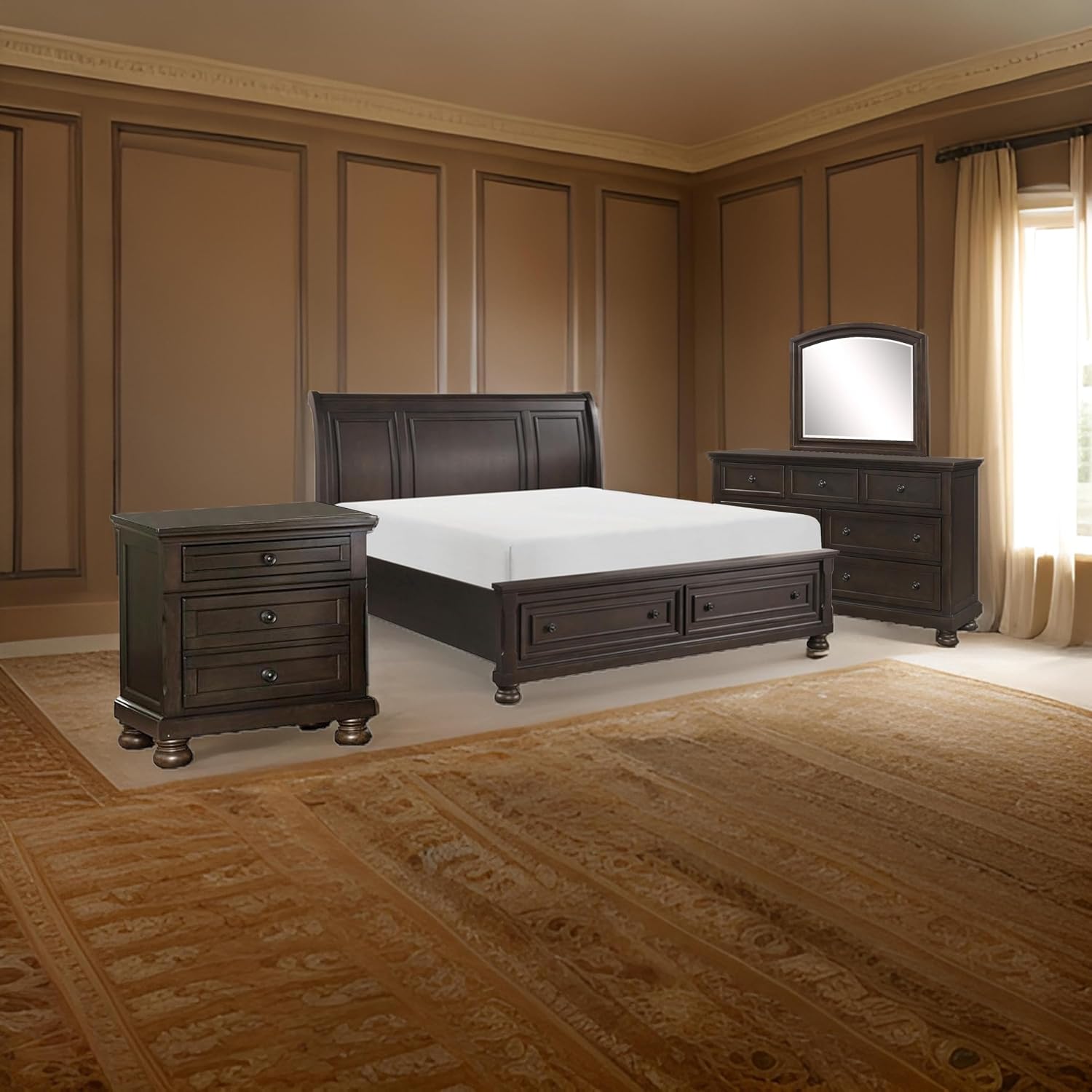 Benzara Oria Four Piece Queen Size Bedroom Set- Round Knobs