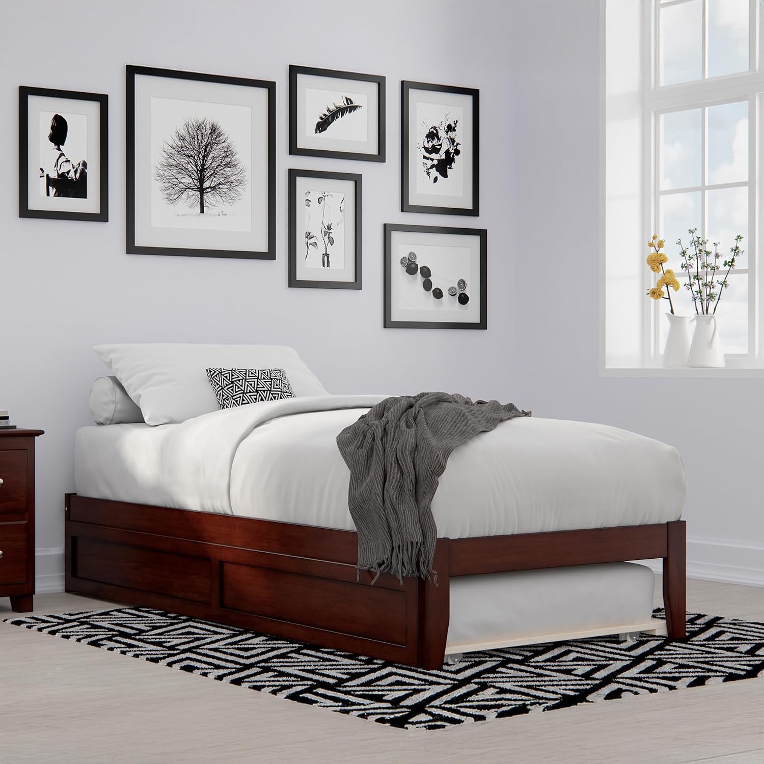 AFI Colorado Twin XL Size Platform Bed with Twin XL Trundle and Charging Station in Walnut