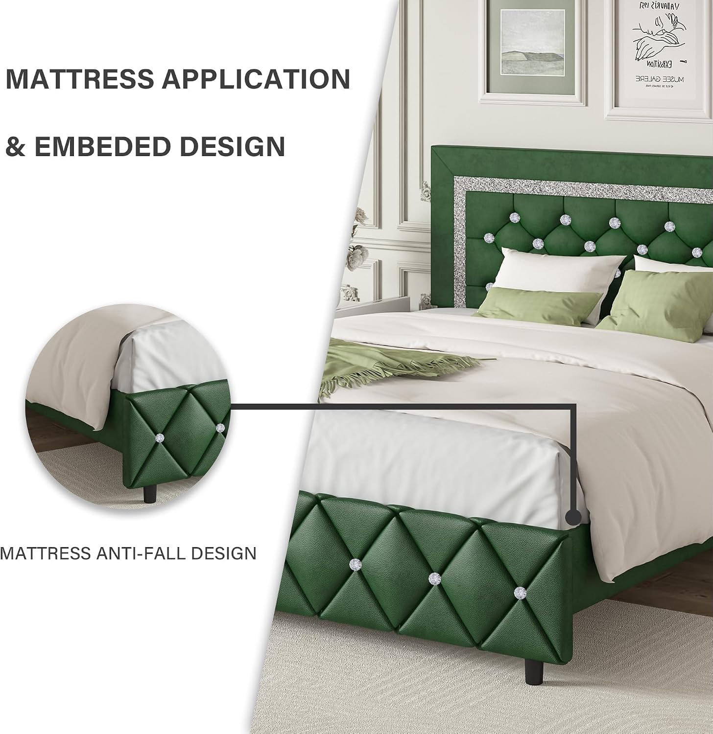 BarnFurin King Size Bed Frame with Headboard, Upholstered Bed with Diamond Tufted Design, Wooden Slats Support, No Box Spring Required, Easy Assembly, Green