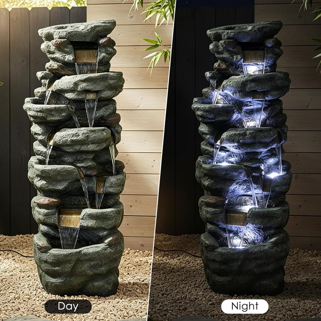 SunJet 51' High Multi-Tiers Cascading Rock Outdoor Water Fountain with LED Lights - Large Outdoor Fountains and Waterfalls for Garden or Patio, Yard, and Deck Decor, Featuring Natural Stone Look