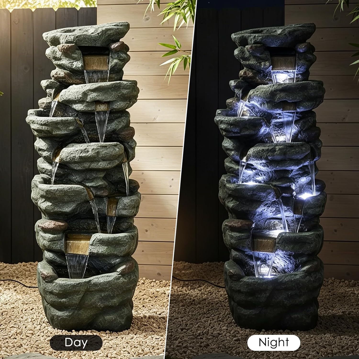 SunJet 51' High Multi-Tiers Cascading Rock Outdoor Water Fountain with LED Lights - Large Outdoor Fountains and Waterfalls for Garden or Patio, Yard, and Deck Decor, Featuring Natural Stone Look