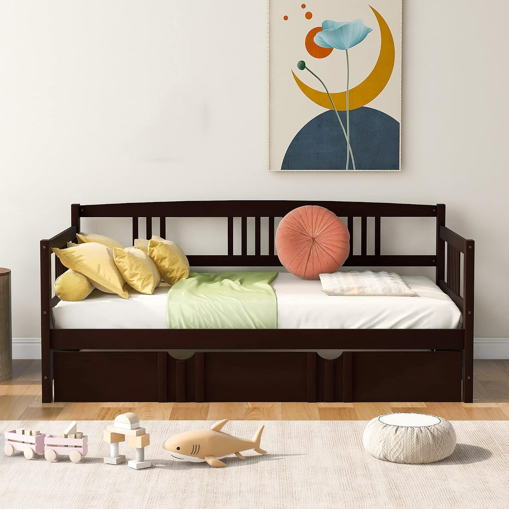 Merax Daybed with Trundle Bed Wooden Slats Support Modern Living Daybed with Rails, Twin Size, Espresso