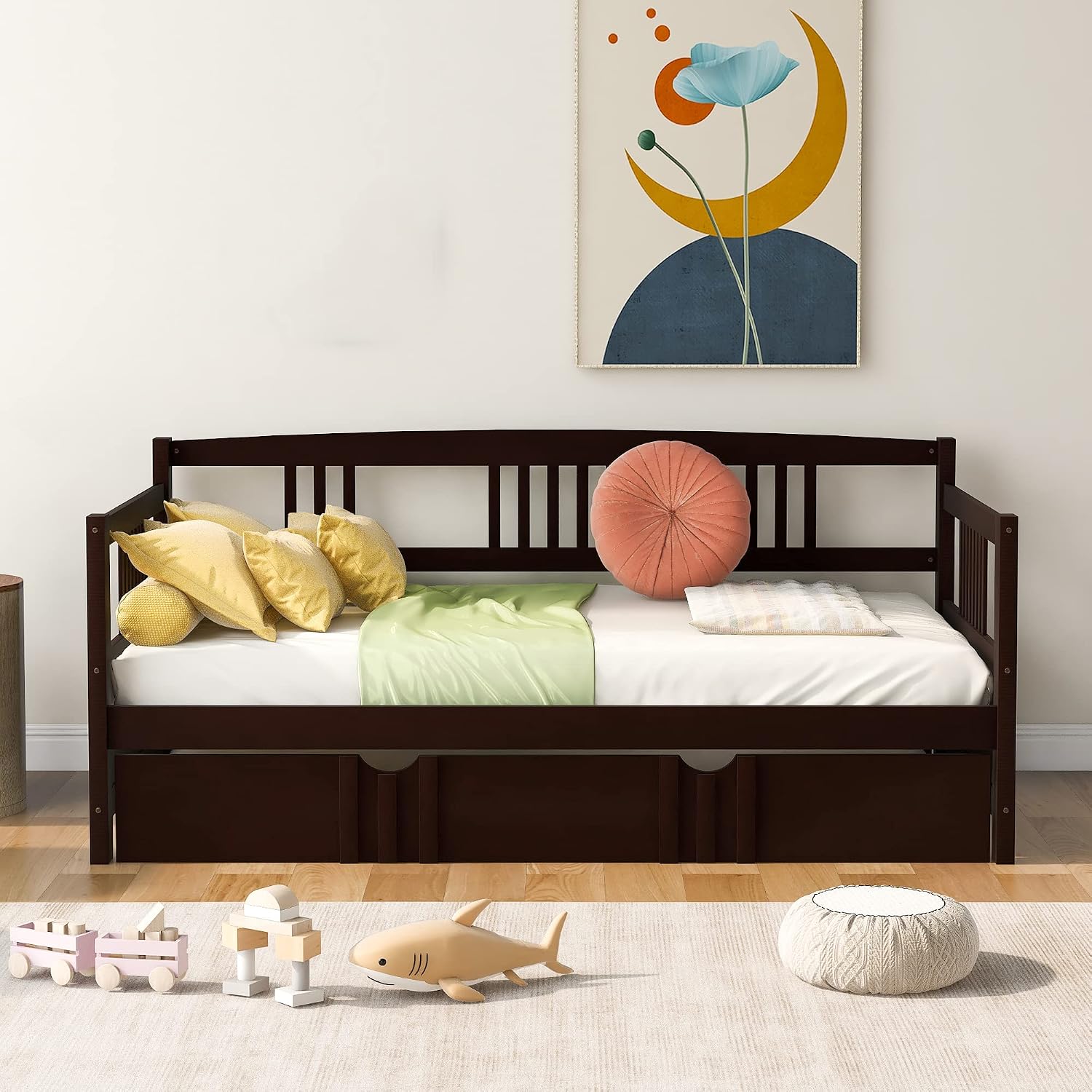 Merax Daybed with Trundle Bed Wooden Slats Support Modern Living Daybed with Rails, Twin Size, Espresso