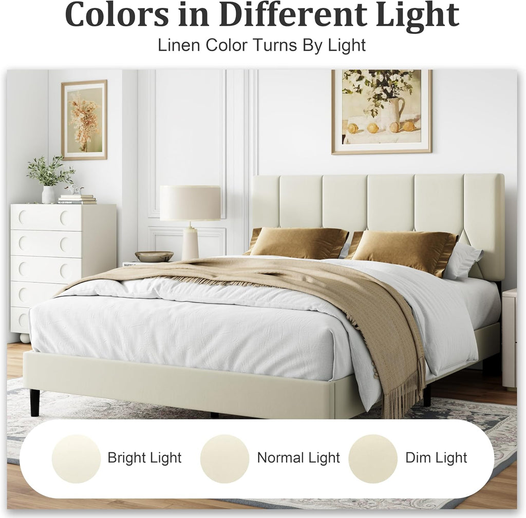 IOILORI Twin Size Bed Frame Platform with Velvet Upholstered Headboard, Sturdy Wooden Slats, No Spring Box, No Noise, Easy to Assemble, Bedframe with Strong Wooden Slats, Beige