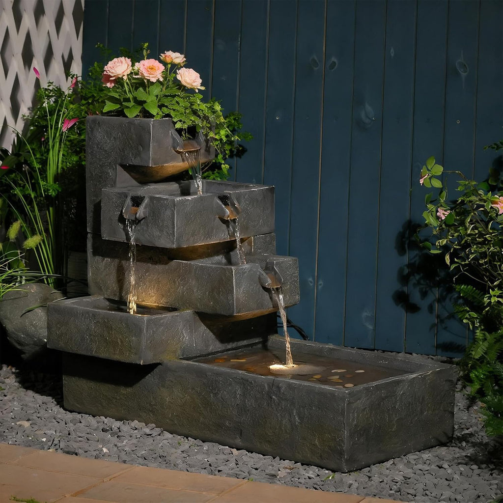 Sunlinua 26' H Outdoor Water Fountain with 4 Tiers Cascading Rock Texture Waterfall Fountains with LED Lights Outdoor Water Fountain for Garden Patio Backyard Porch Home Decor
