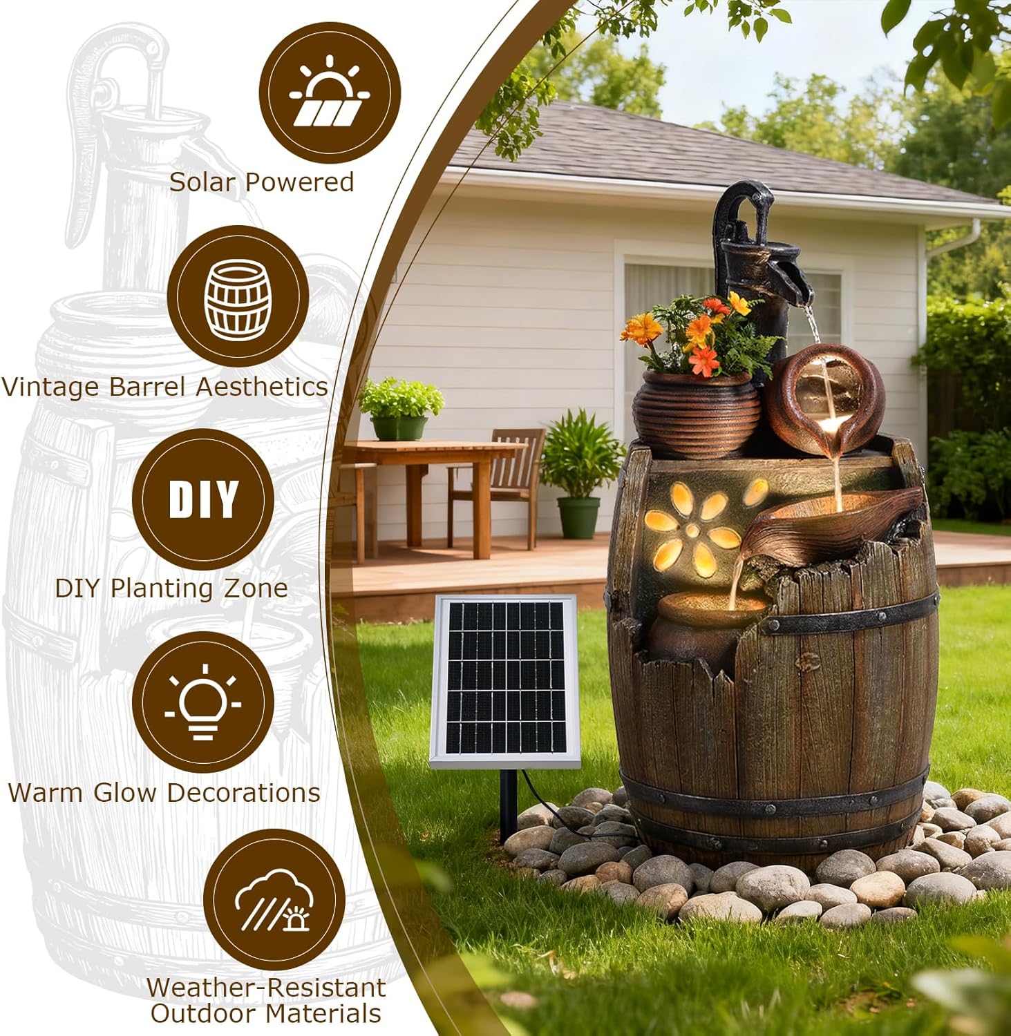 Solar Water Fountain Outdoor Rustic Pump and Barrel, 29' H Cascading Solar Powered Waterfall Fountains Outside Feature with LED Lights for Garden, Patio, Porch, Backyard Decor