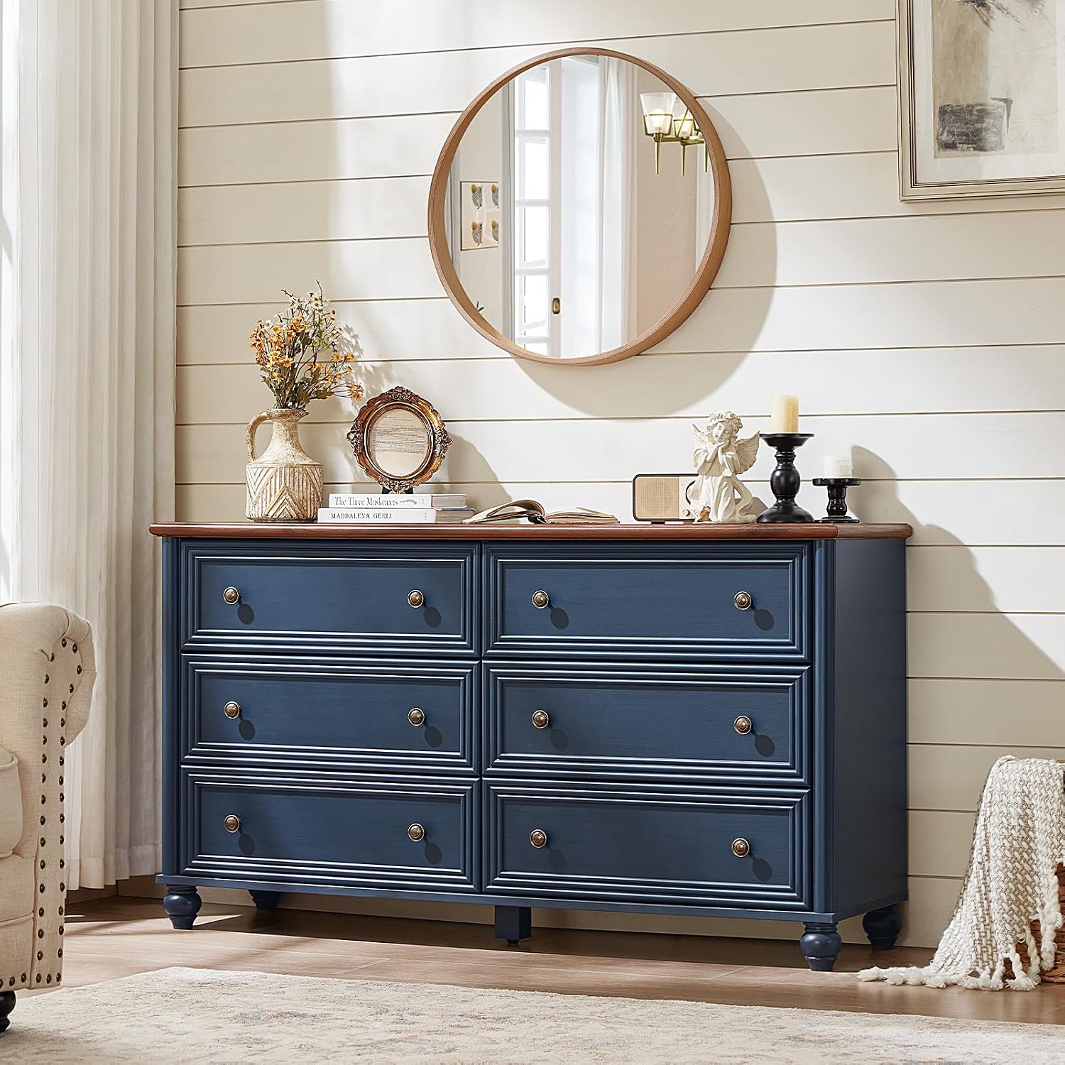 Farmhouse Dressers & Night Stand Set of 3, Wood 54' Wide 6 Drawer Dresser & 35.5'Tall Chest of Drawers, 18' with Charging Station Nightstand, Bedroom Furniture Dresser Set for Home Living Room Hallway