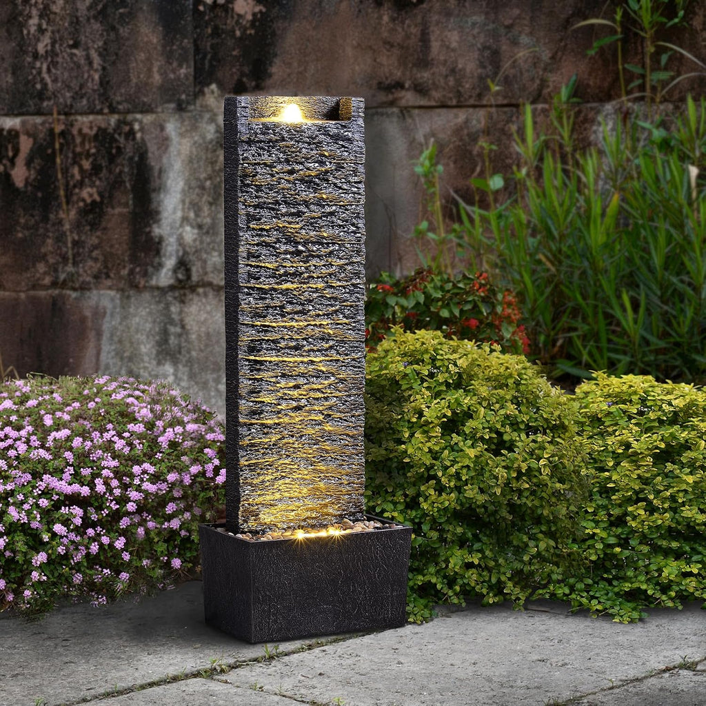 Water Fountain Outdoor, Floor Standing LED Illuminated Water Flow Elegant Water Fountain Pump 38.5' with Pebble Base for Garden, Patio and Yard (24372)