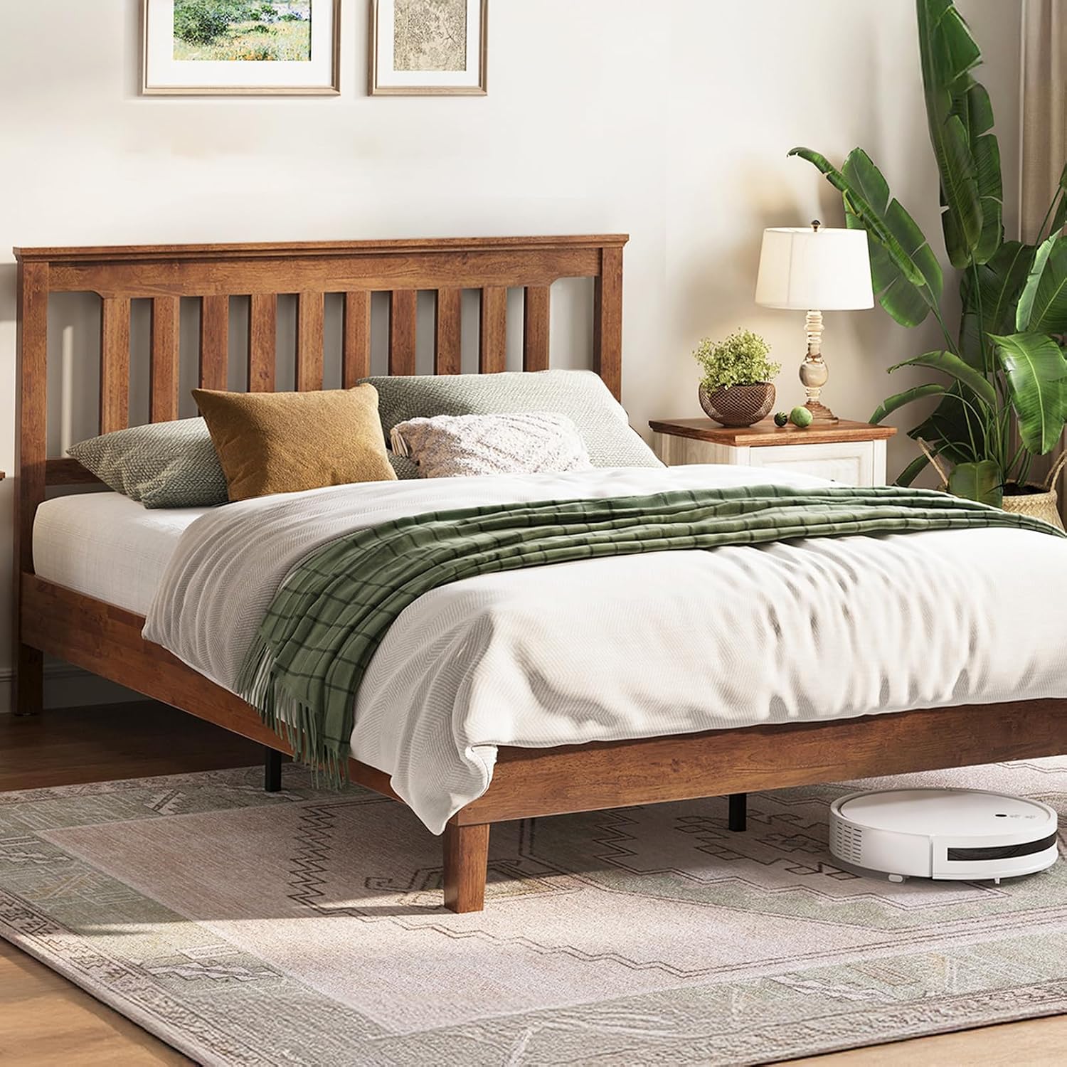 LINSY Wood Full Size Bed Frame, Solid Wood Platform Bed Frame Full with headboard, Wooden Bed with Wood Slat Support, No Box Spring Needed, Walnut