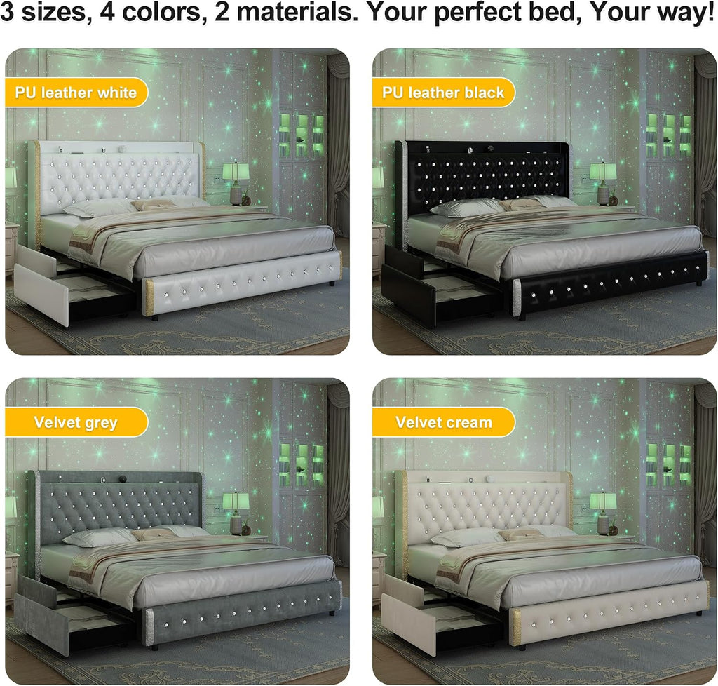 GEGOFORU Queen Led Bed Frame with 4 Drawers Projector Galaxy Light, Wingback Upholstered Headboard, Diamond Charger Music Speaker, No Box Spring Needed & Noise-Reduction, Wooden Slats, PU White