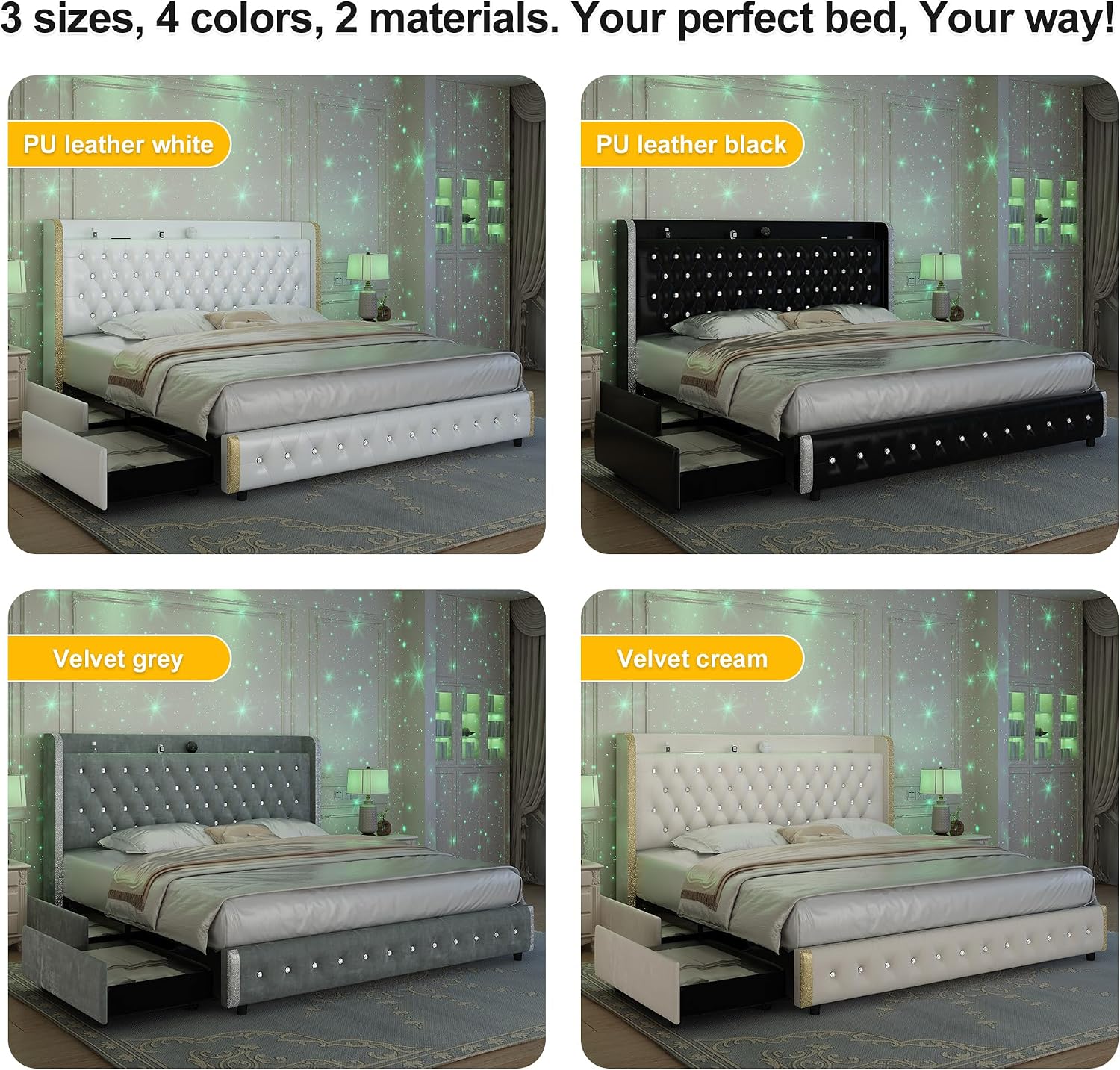 GEGOFORU Queen Led Bed Frame with 4 Drawers Projector Galaxy Light, Wingback Upholstered Headboard, Diamond Charger Music Speaker, No Box Spring Needed & Noise-Reduction, Wooden Slats, PU White
