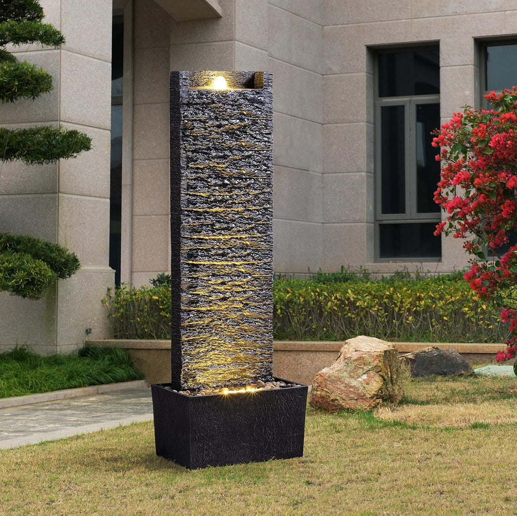 Water Fountain Outdoor, Floor Standing LED Illuminated Water Flow Elegant Water Fountain Pump 38.5' with Pebble Base for Garden, Patio and Yard (24372)