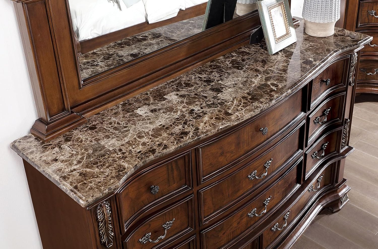 MASARA 4-Piece Traditional Queen Bedroom Set in Brown Cherry Finish, Engineered Leatherette, Marble, Polyresin, Solid Wood, Others