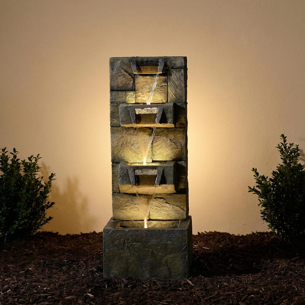 Bumilgar 32.28' H 4-Tier Indoor/Outdoor Modern Water Fountain with Led Lights and Pump, Outdoor Freestanding Cascading Waterfall - Suitable for Garden, Patio, Porch, Yard and Outdoor Decor