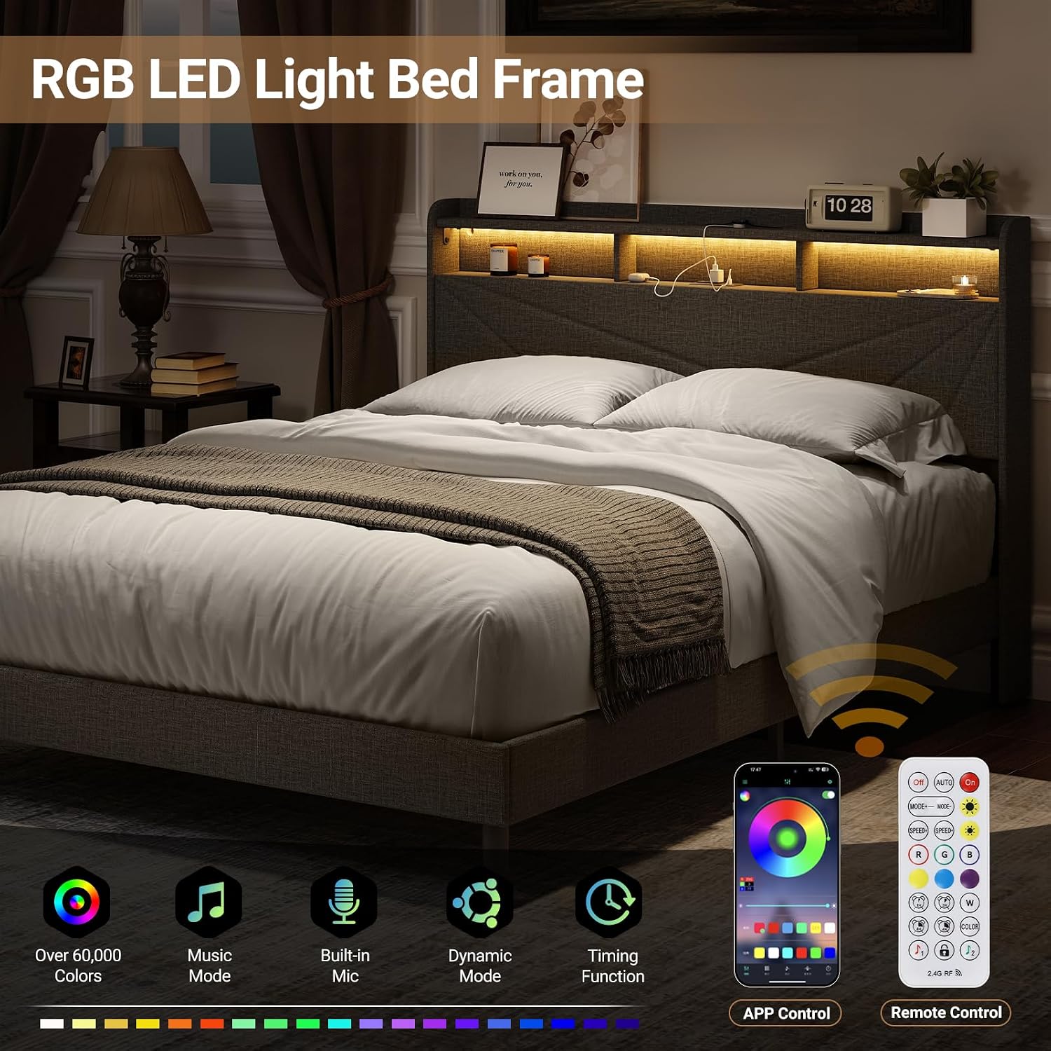COLAMY Queen Bed Frame with Charging Station & LED Lights, Upholstered Headboard with 2-Tier Storage, Heavy Duty Metal Platform Bed with Wood Slats, No Box Spring, Noise-Free, Easy Assembly, Grey