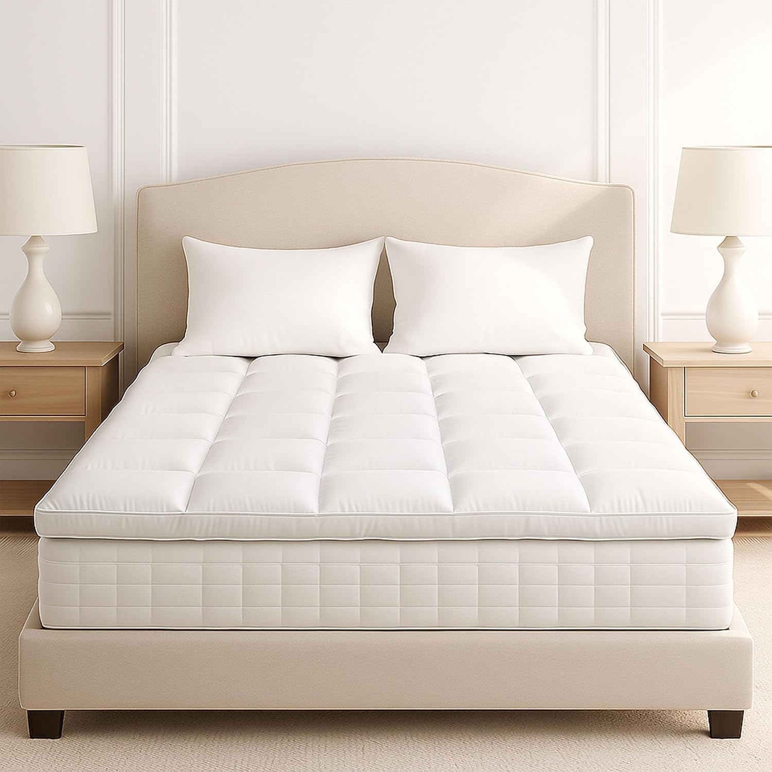 Lavish Home Down Mattress Topper - Queen 4-Inch Duck and Goose Feather Bed with Cotton Mattress Topper Cover - Plush Pillow Top for Cushion and Support (White)