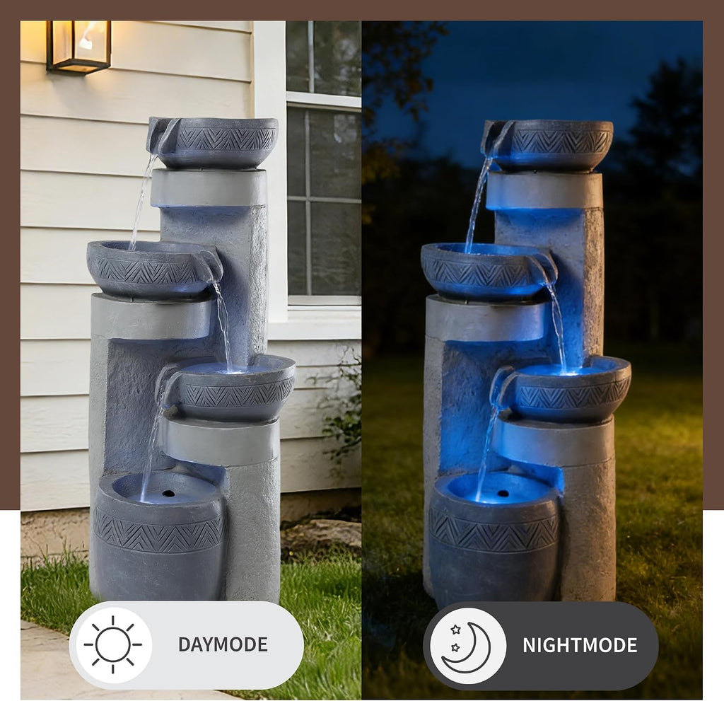 28' Outdoor Water Fountain with Led Lights, 4-Tiered Owl & Calla Lil Water Fountain, Outdoor Garden Waterfall Decor for Garden, Patio, Courtyard (32' Modern Pottery)