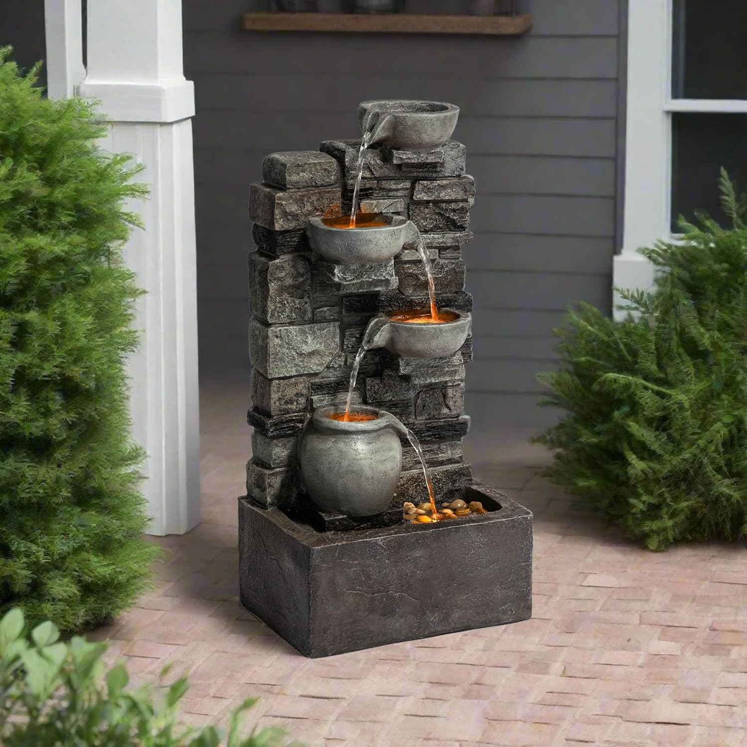 Teamson Home 28.5' Outdoor 4-Tier Stacked Stone Cascading Water Fountain with LED Lights, Gray