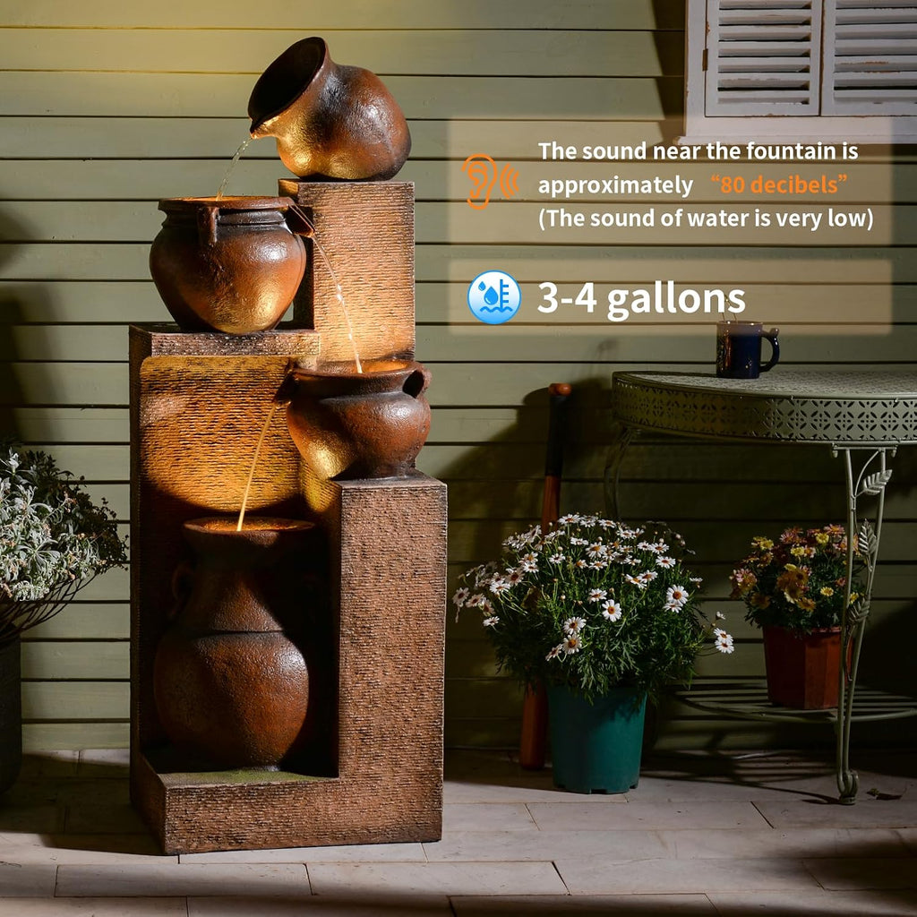 Resin Outdoor Water Fountain 4-Tier Jar Waterfall - Quiet Pump, LED Lights, Rustic Jar Cascading Water Feature for Garden Patio Backyard Decor, 53' H Fountain, Gold