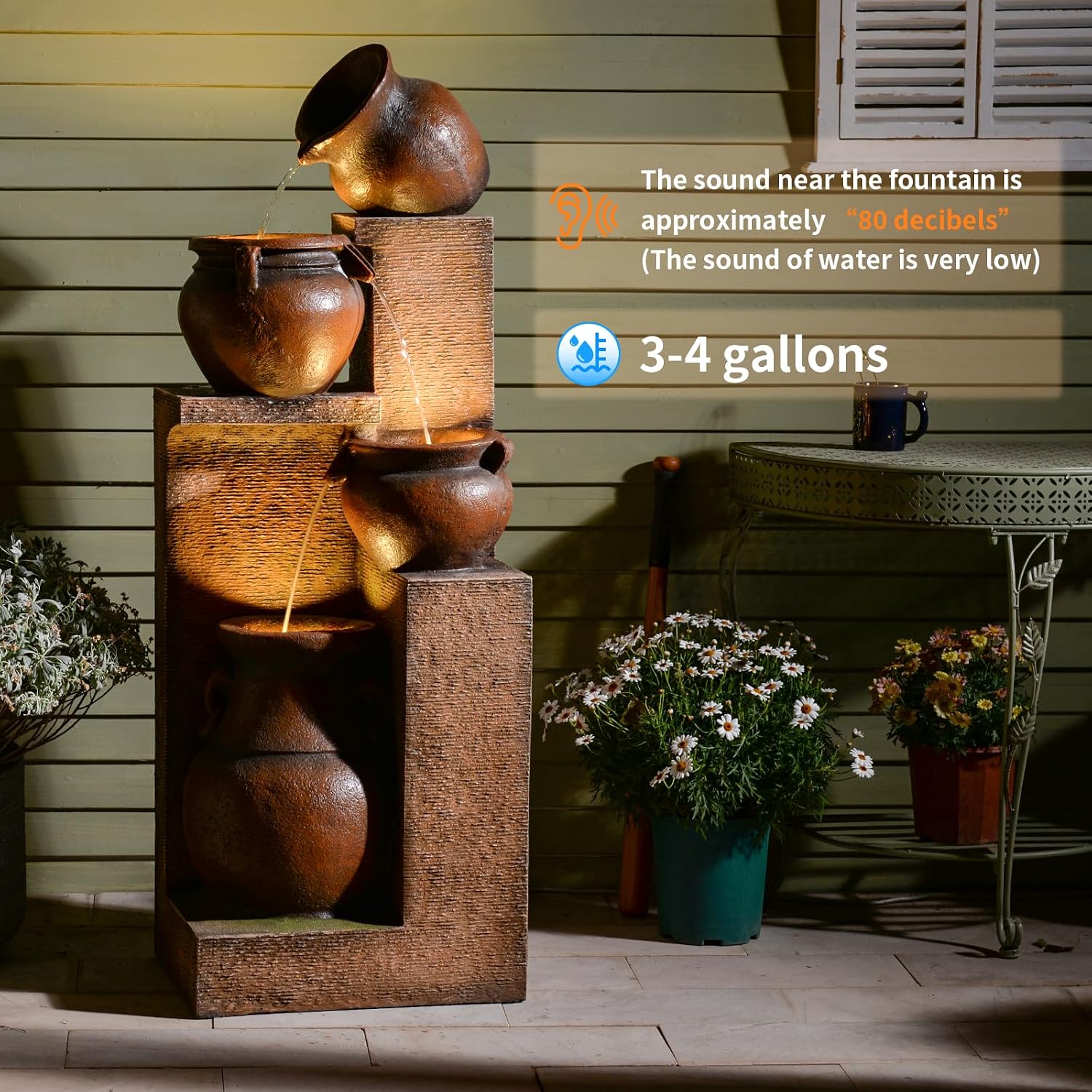 Resin Outdoor Water Fountain 4-Tier Jar Waterfall - Quiet Pump, LED Lights, Rustic Jar Cascading Water Feature for Garden Patio Backyard Decor, 53' H Fountain, Gold