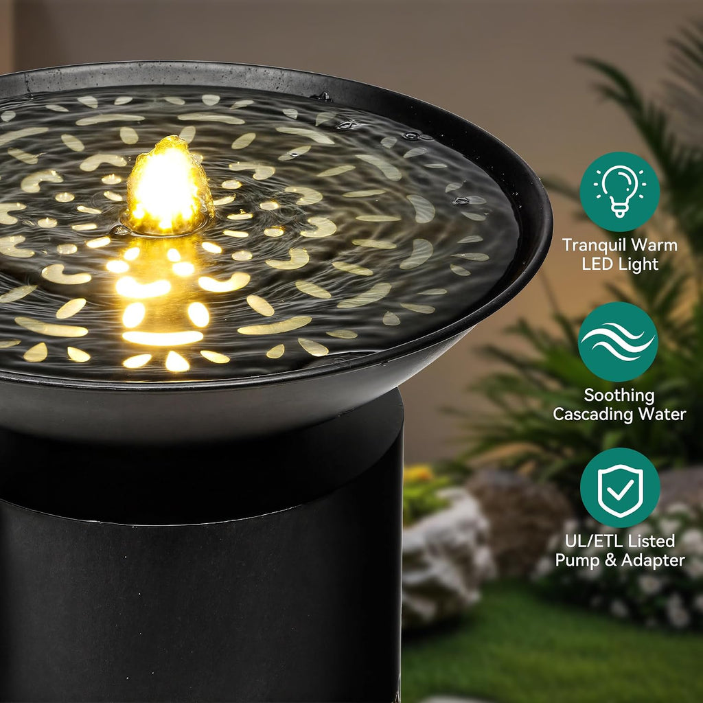 32' H Metal Cutout Outdoor Fountain with Charming Lights & Shadow, Modern Geometric Pedestal Birdbath Water Fountain, Relaxing Water Feature for Garden Patio Yard Front Door Décor, Black
