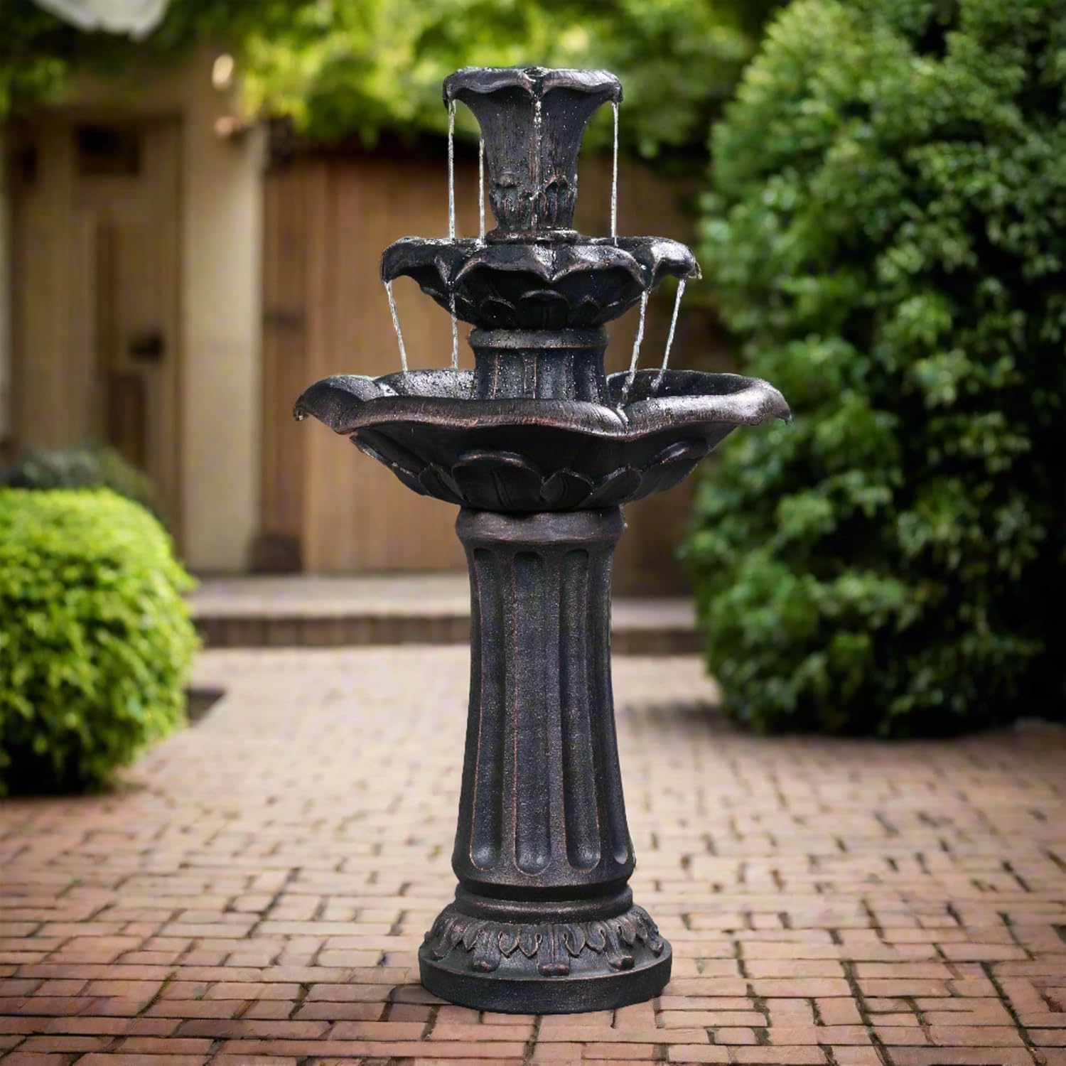 Teamson Home Lily Flower Floor Pedestal 3 Tiered Floor Waterfall Fountain with Pump for Outdoor Patio Garden Backyard Decking, 38 Inch Height, Bronze