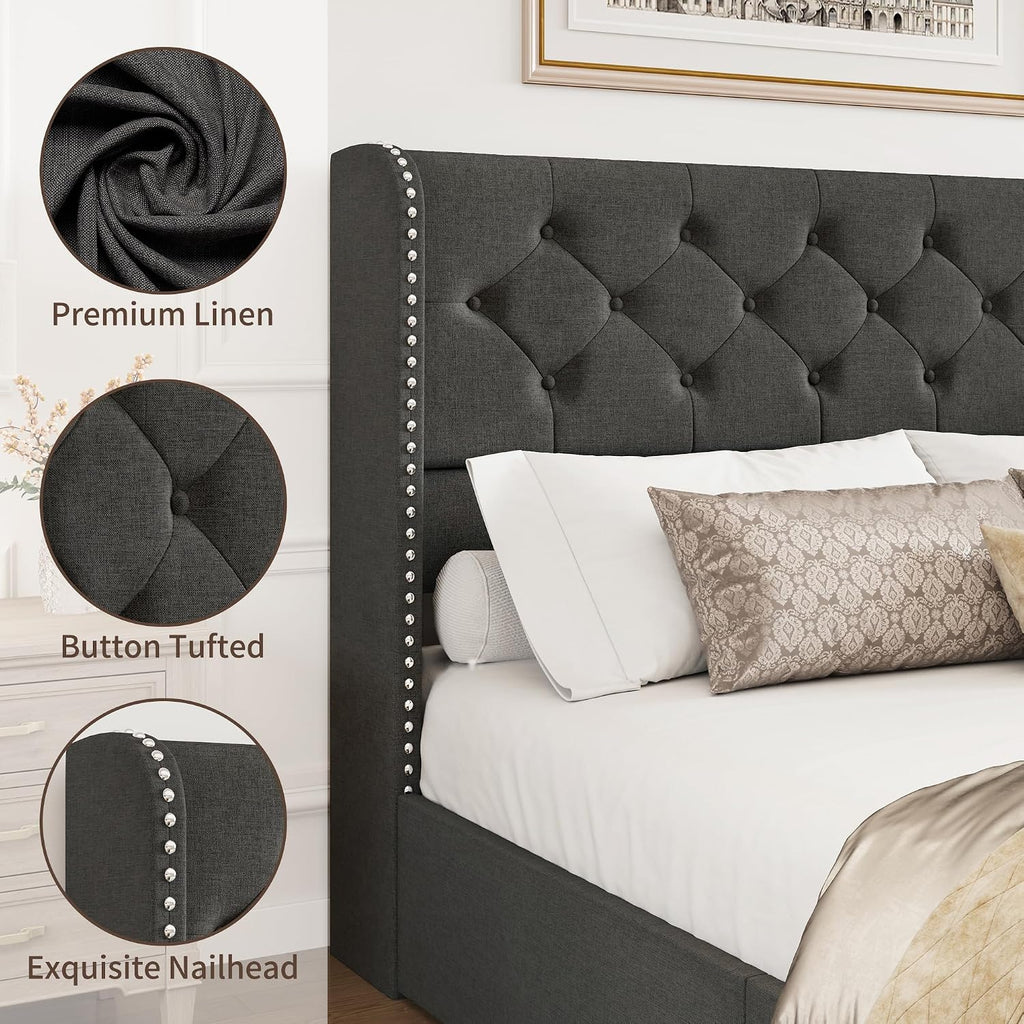 BRELTAM Queen Size Bed Frame with Storage Drawers and Wingback Headboard Linen Upholstered Platform Bed Frame Tufted Beds with Heavy Duty Wood Slats, Noise Free, Easy Assembly, Dark Grey
