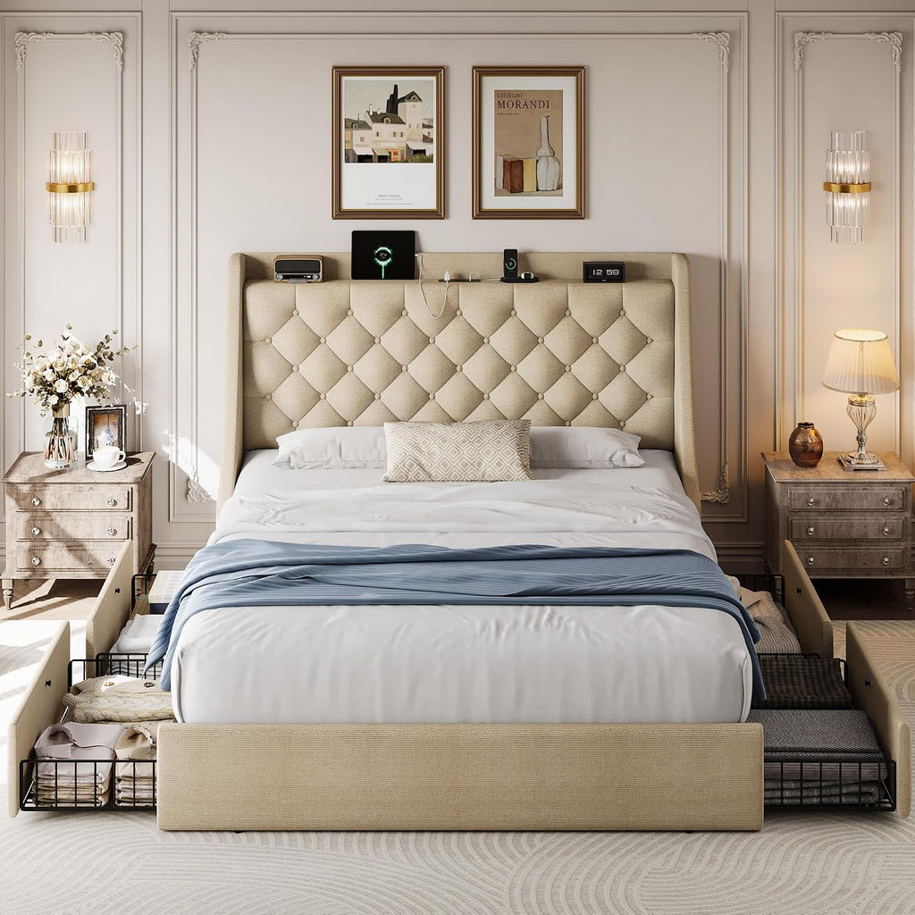 Queen Size Upholstered Platform Bed Frame with 4 Storage Drawers and Charging Station, Linen Button Tufted Wingback Headboard, Sturdy Wooden Support Slats, No Box Spring Needed, Beige