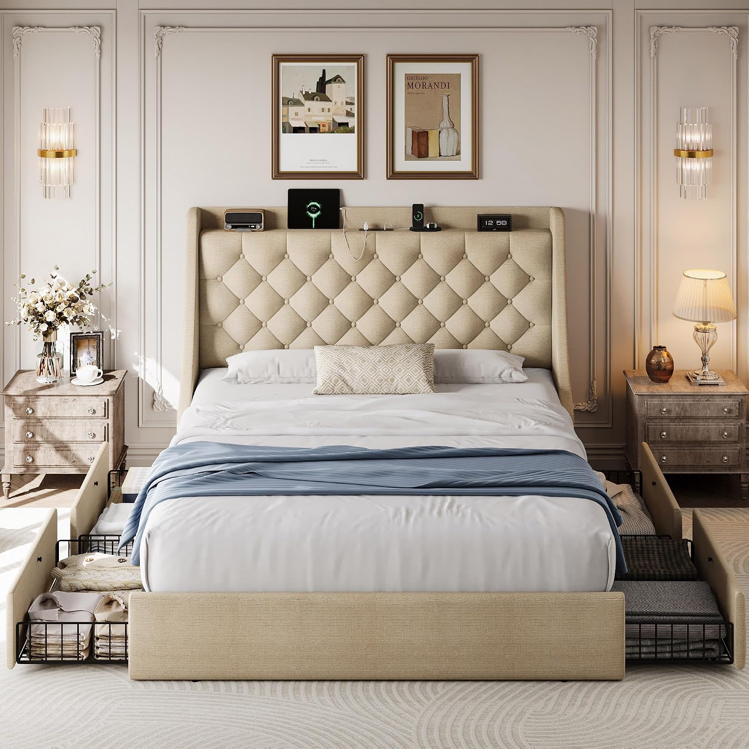 Queen Size Upholstered Platform Bed Frame with 4 Storage Drawers and Charging Station, Linen Button Tufted Wingback Headboard, Sturdy Wooden Support Slats, No Box Spring Needed, Beige