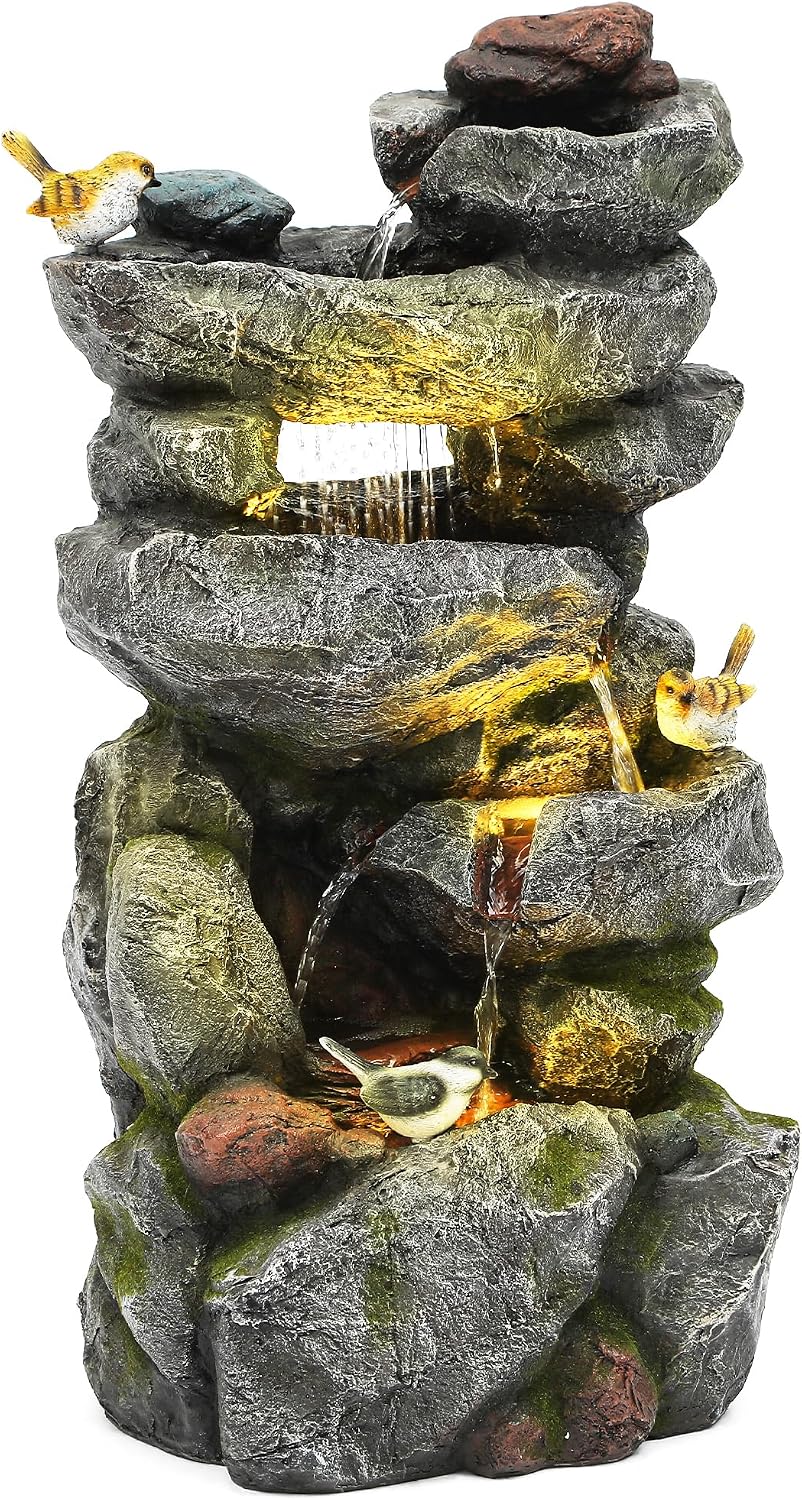 31.5' H Multi-Tier Rock Outdoor Water Fountain with LED Lights and Pump, Garden Fountain Waterfall for Patio, Porch, or Yard