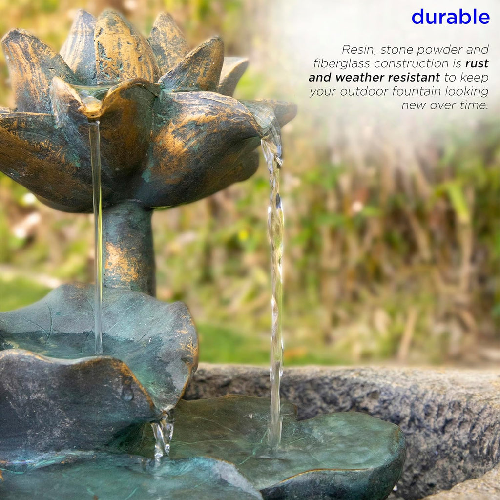 Alpine Corporation USA1393 Outdoor Floor Vintage Pedestal Lotus Rock Water Fountain, Soothing Pedestal Waterfall, 30', Brown