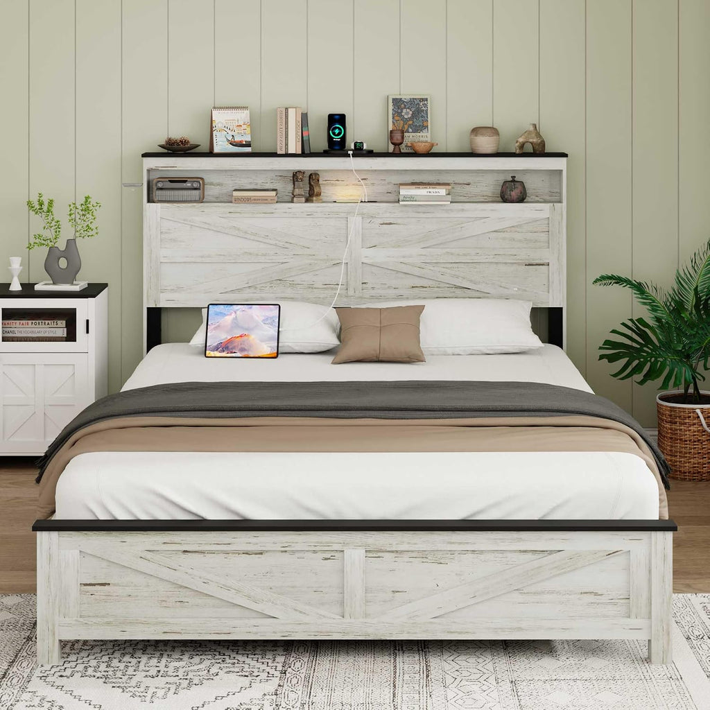 Ball & Cast Wood Full Size Bed Frame with Storage Headboard,Farmhouse Platform Bed Frame Full with Charging Station,Noise-Free,No Box Spring Needed,Easy Assembly,Antique Gray