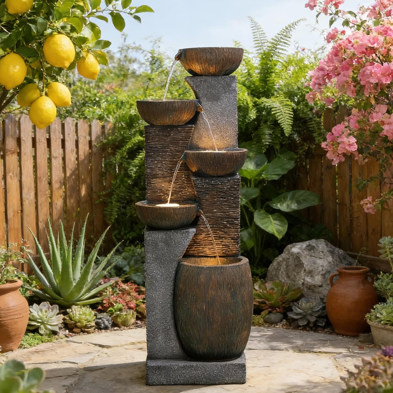 Bumilgar 51.6'' H Tall Outdoor Water Fountain, 5-Tier Resin Cascading Crock Bowls with LED Lights, Garden Water Feature and Waterfall for Porch, Deck, Patio, Yard, and Home Décor, Dark Gray