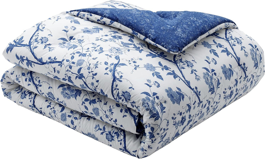 Laura Ashley – Queen Comforter Set, Reversible Floral Bedding with Matching Shams & Bonus Decorative Pillows, Medium Weight, 7-Piece, College Dorm Room Essentials (Elise Blue)
