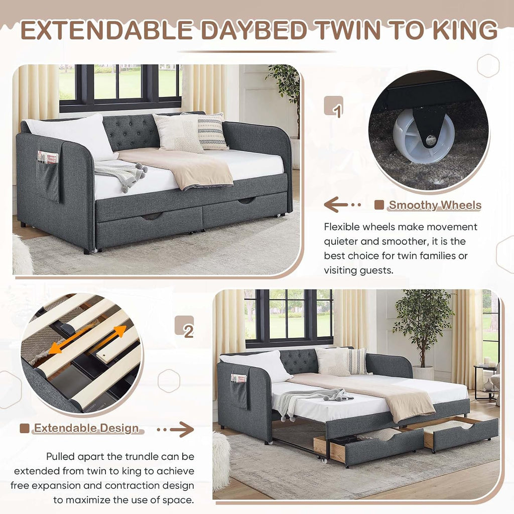 Antetek 80.5' Daybed with Drawer, Modern Button Tufted Linen Day Bed with Trundle Bed Twin to King, Upholstered Daybed Frame w/Storage Pocket for Bedroom, Living Room, No Box Spring Needed, Dark Grey