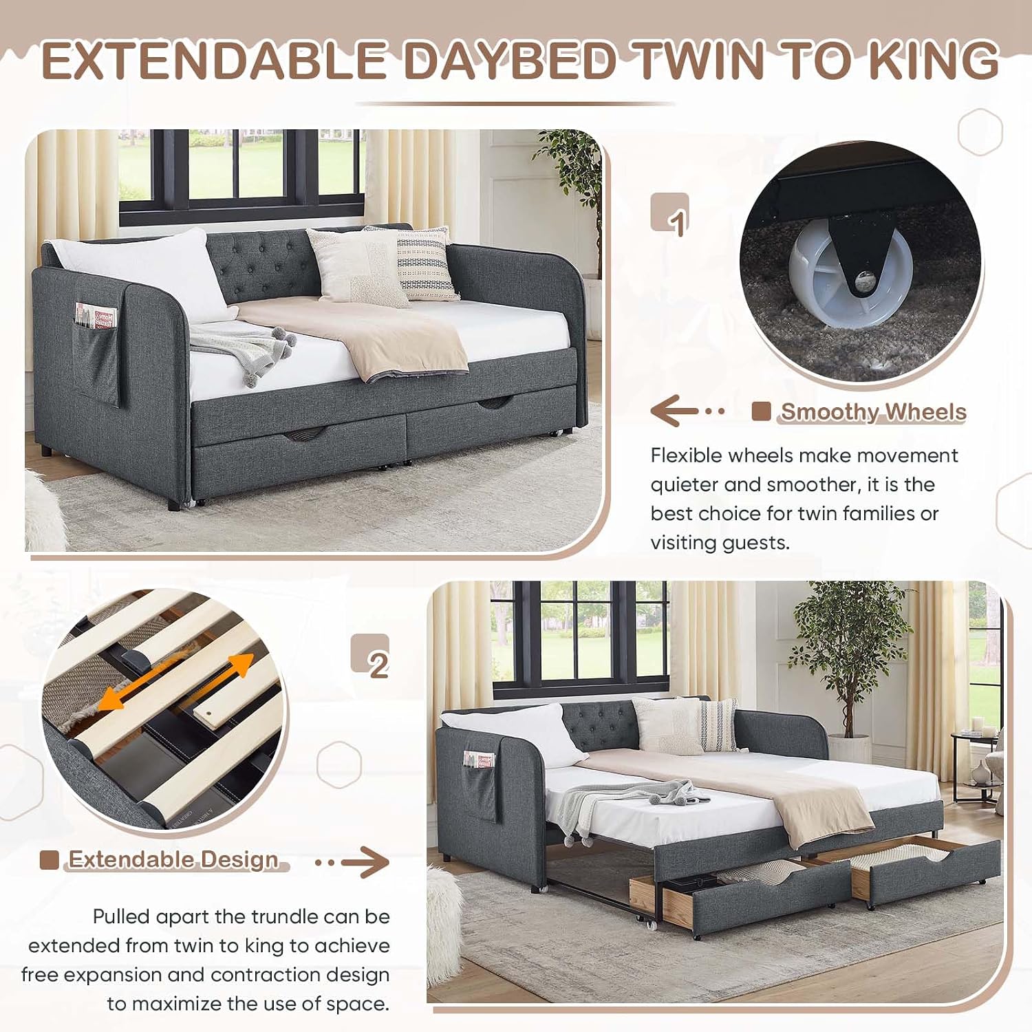 Antetek 80.5' Daybed with Drawer, Modern Button Tufted Linen Day Bed with Trundle Bed Twin to King, Upholstered Daybed Frame w/Storage Pocket for Bedroom, Living Room, No Box Spring Needed, Dark Grey