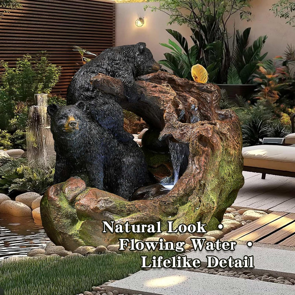 Outdoor Fountain with LED Lights – Bear Water Feature for Garden, Patio, Yard, or Porch – Durable Polyresin Animal Waterfall Decor – Rustic Brown & Black Finish
